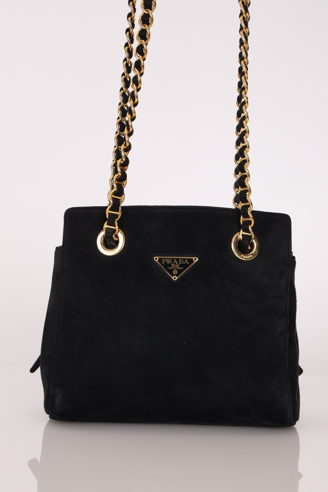 Prada 1995 Midnight Blue Suede Mini Catena Chain Tote - FashioNica