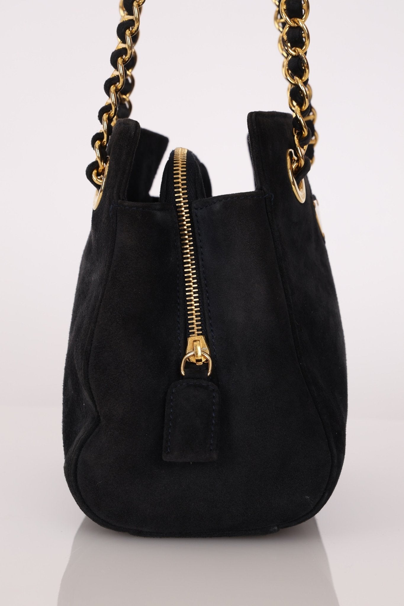Prada 1995 Midnight Blue Suede Mini Catena Chain Tote - FashioNica