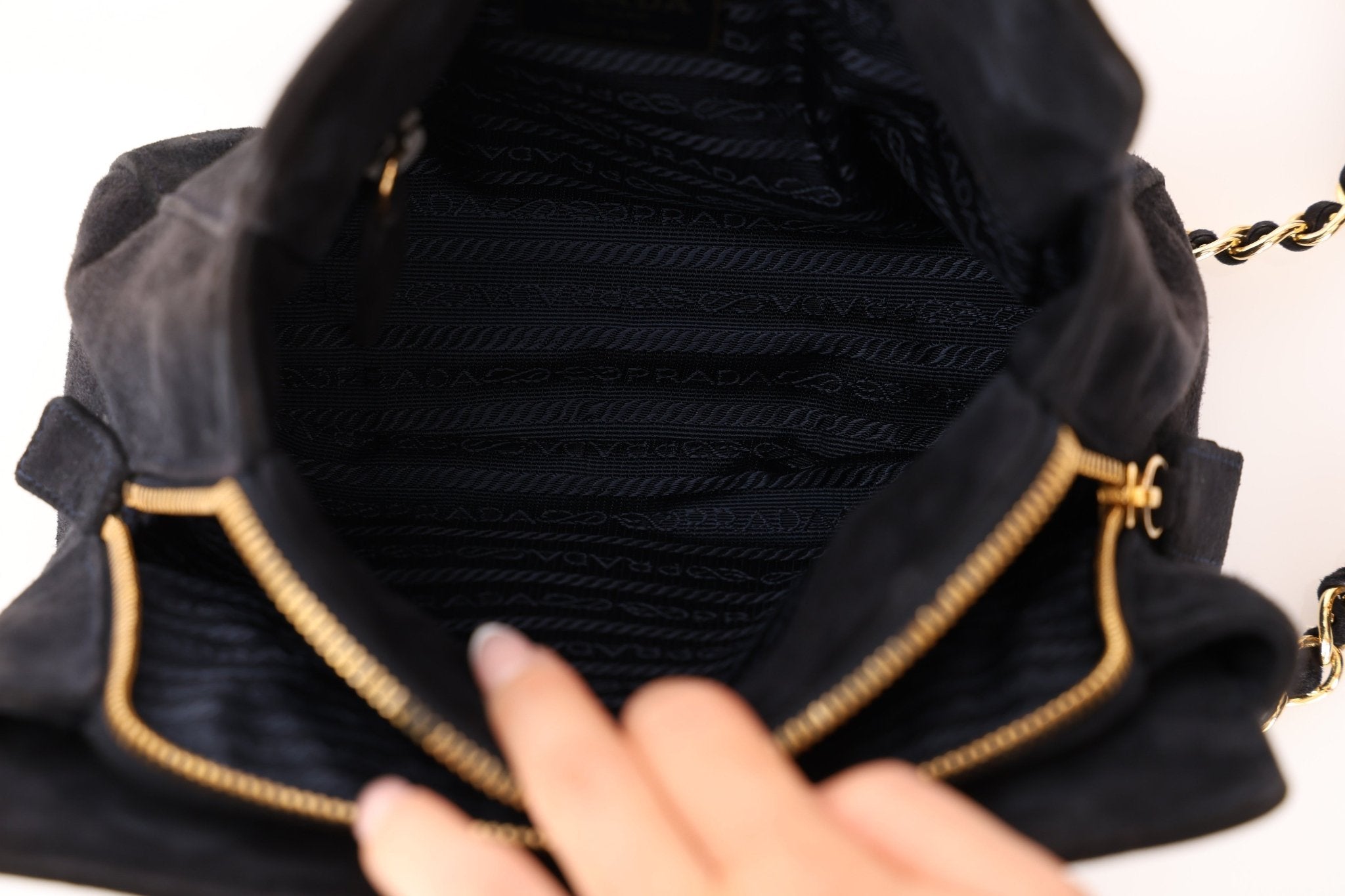 Prada 1995 Midnight Blue Suede Mini Catena Chain Tote - FashioNica