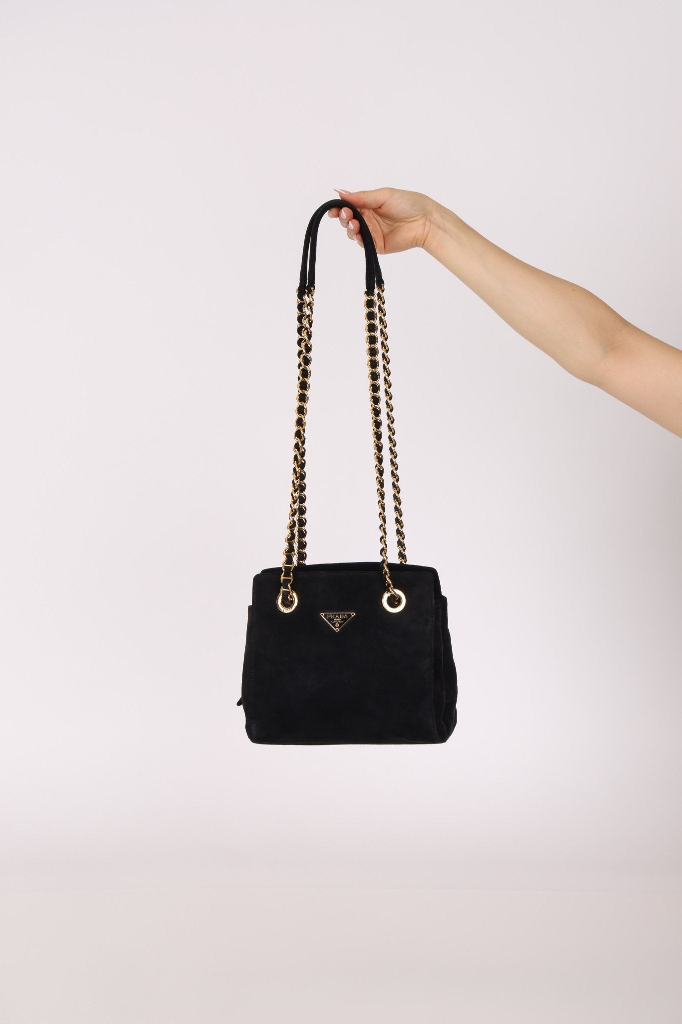 Prada 1995 Midnight Blue Suede Mini Catena Chain Tote - FashioNica