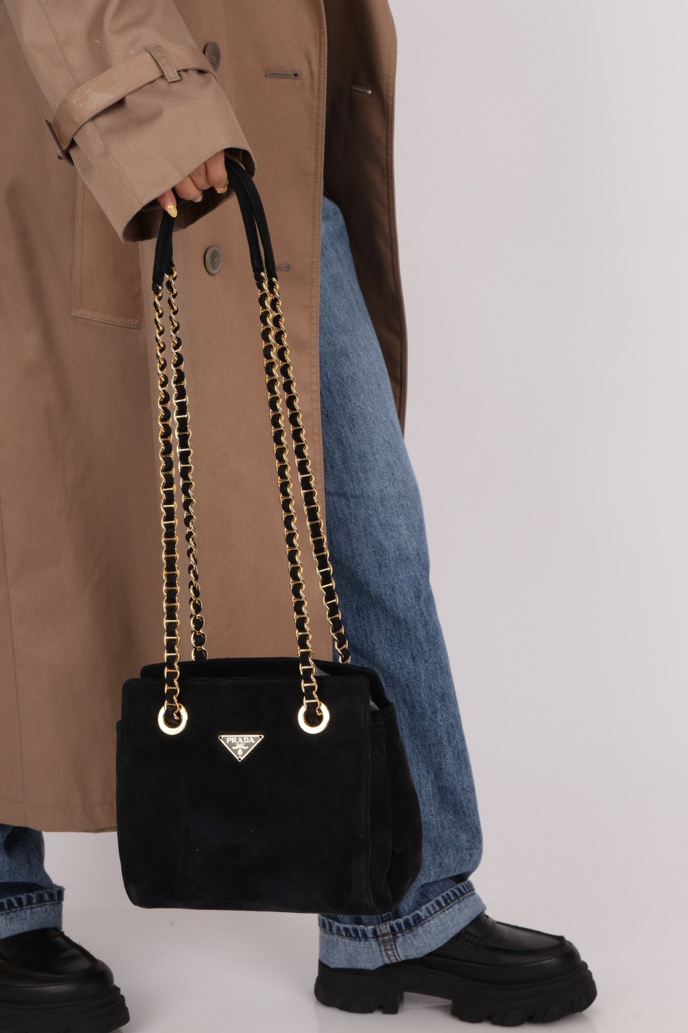 Prada 1995 Midnight Blue Suede Mini Catena Chain Tote - FashioNica