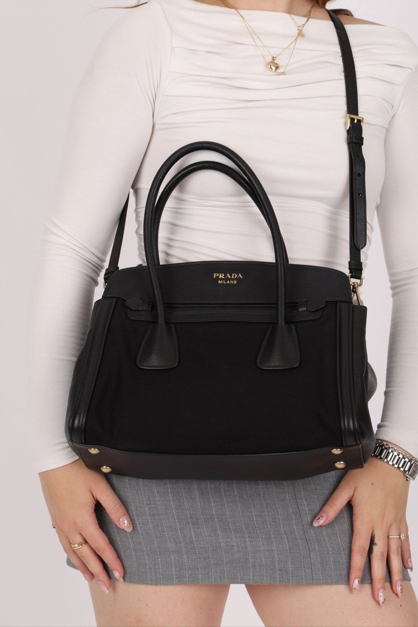 Prada Canapa Saffiano Shoulder Bag Nero Black - FashioNica