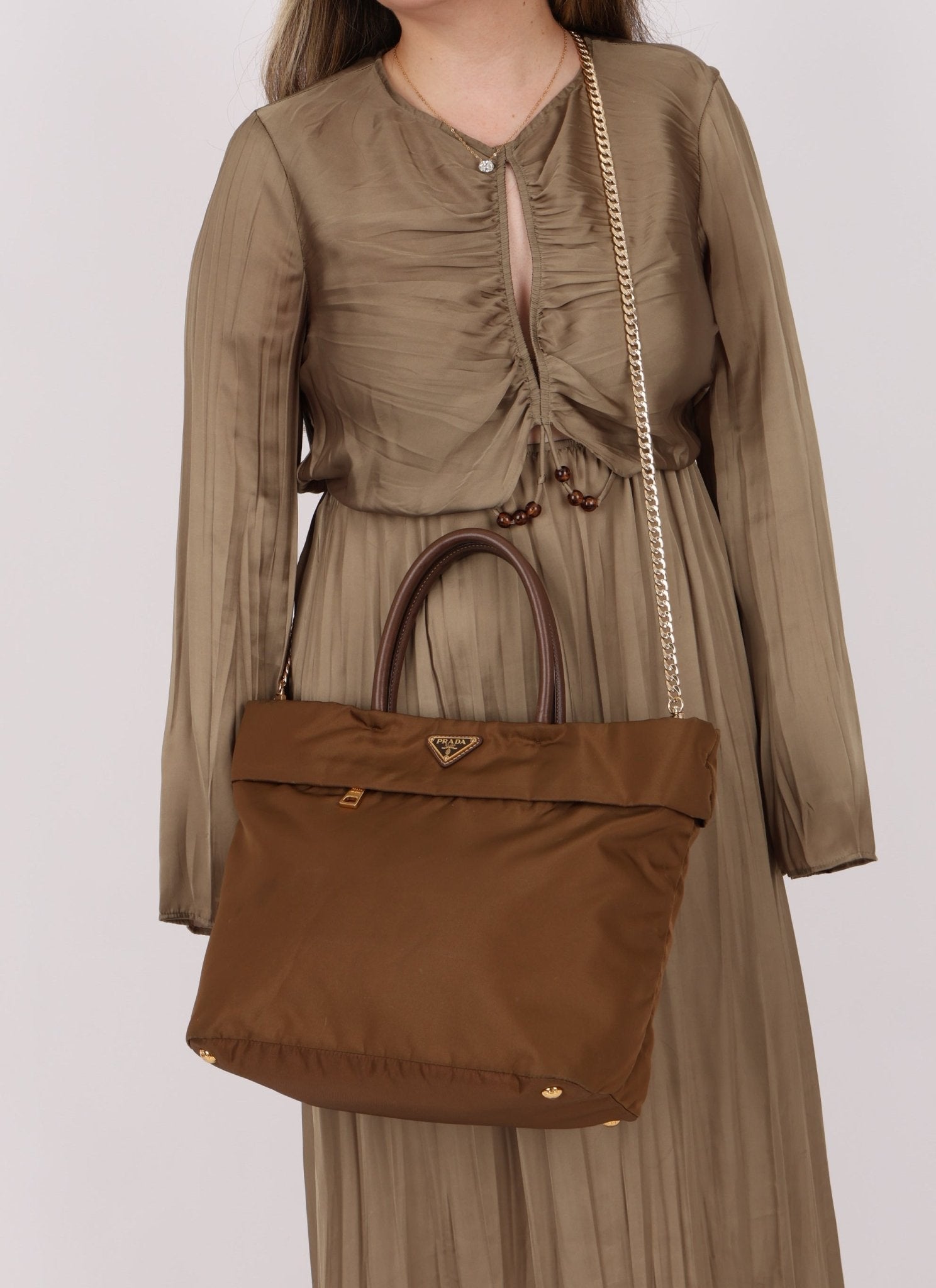 Prada Dark Khaki Nylon Tote - FashioNica