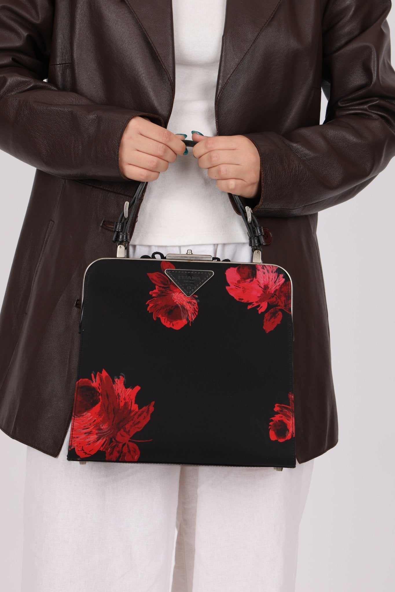 Prada Hibiscus Stamputo Tessuto Frame Handle Bag - FashioNica