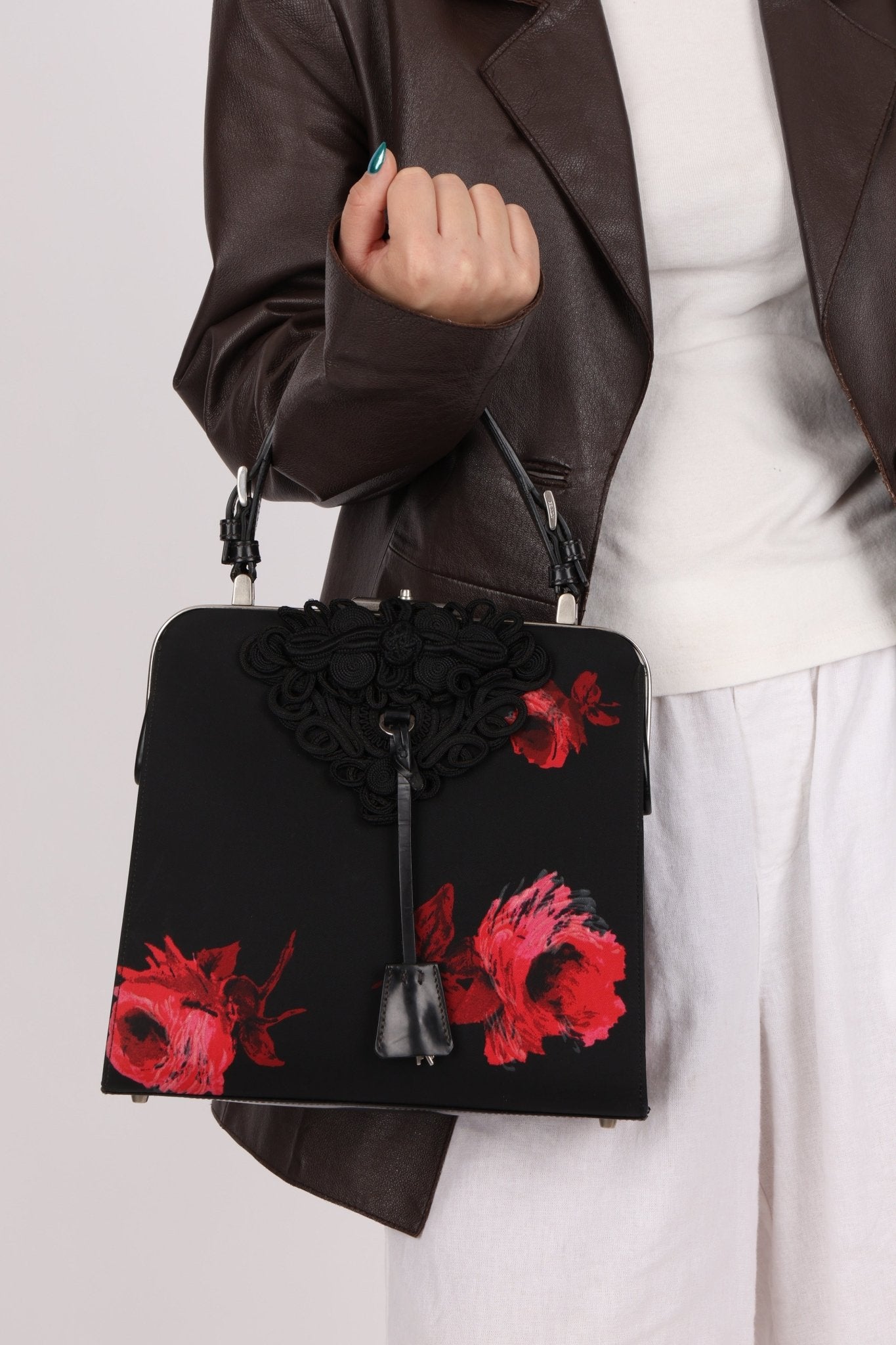 Prada Hibiscus Stamputo Tessuto Frame Handle Bag - FashioNica