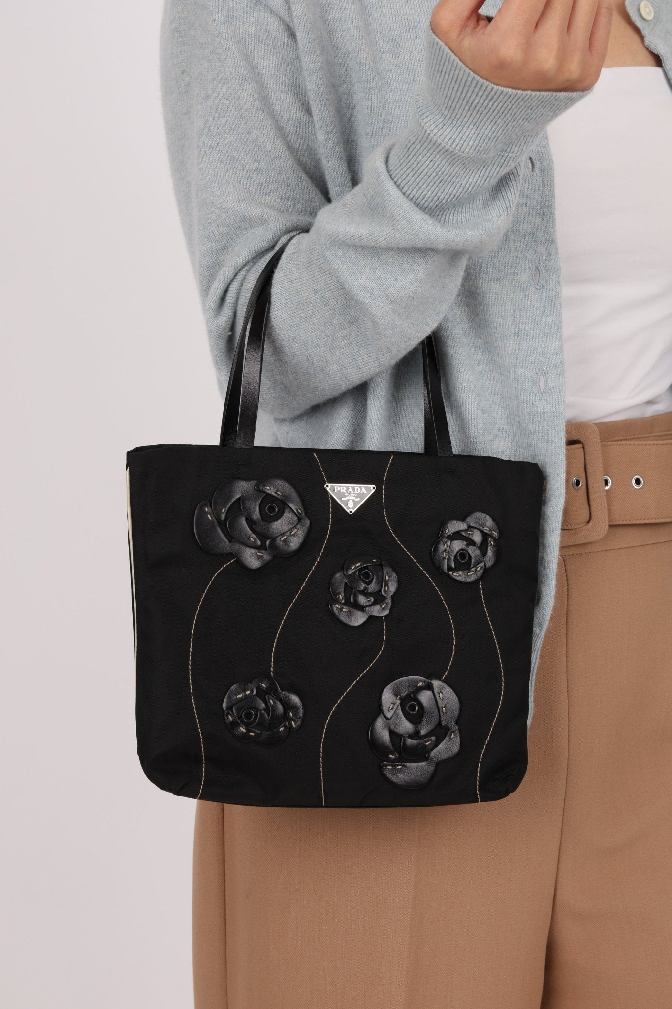 Prada Nylon and Leather Floral Applique Mini Tote - FashioNica