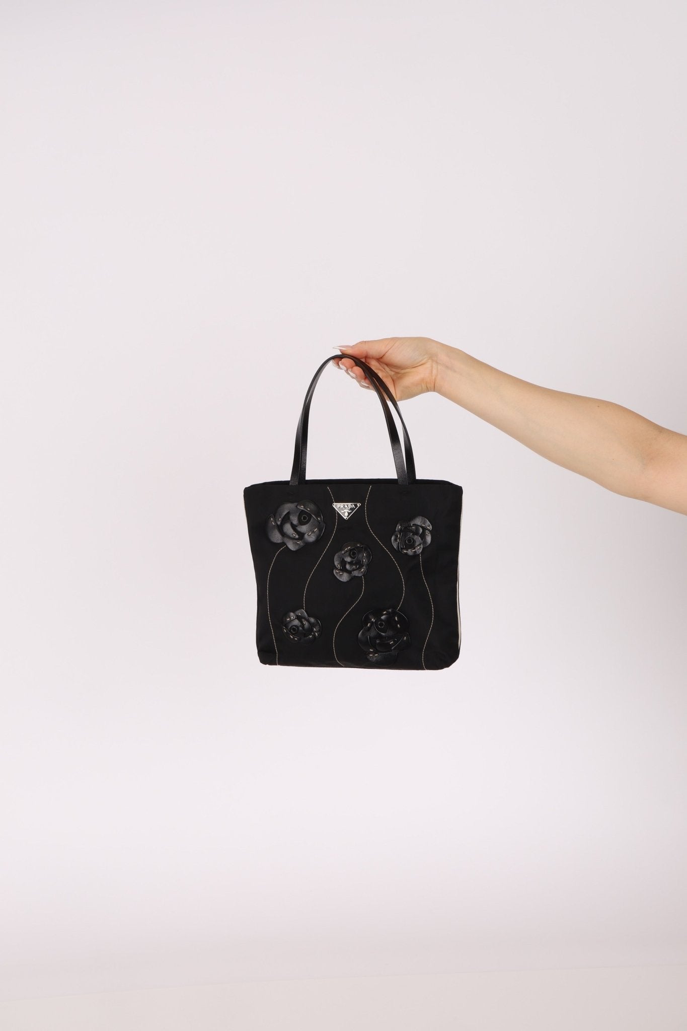 Prada Nylon and Leather Floral Applique Mini Tote - FashioNica