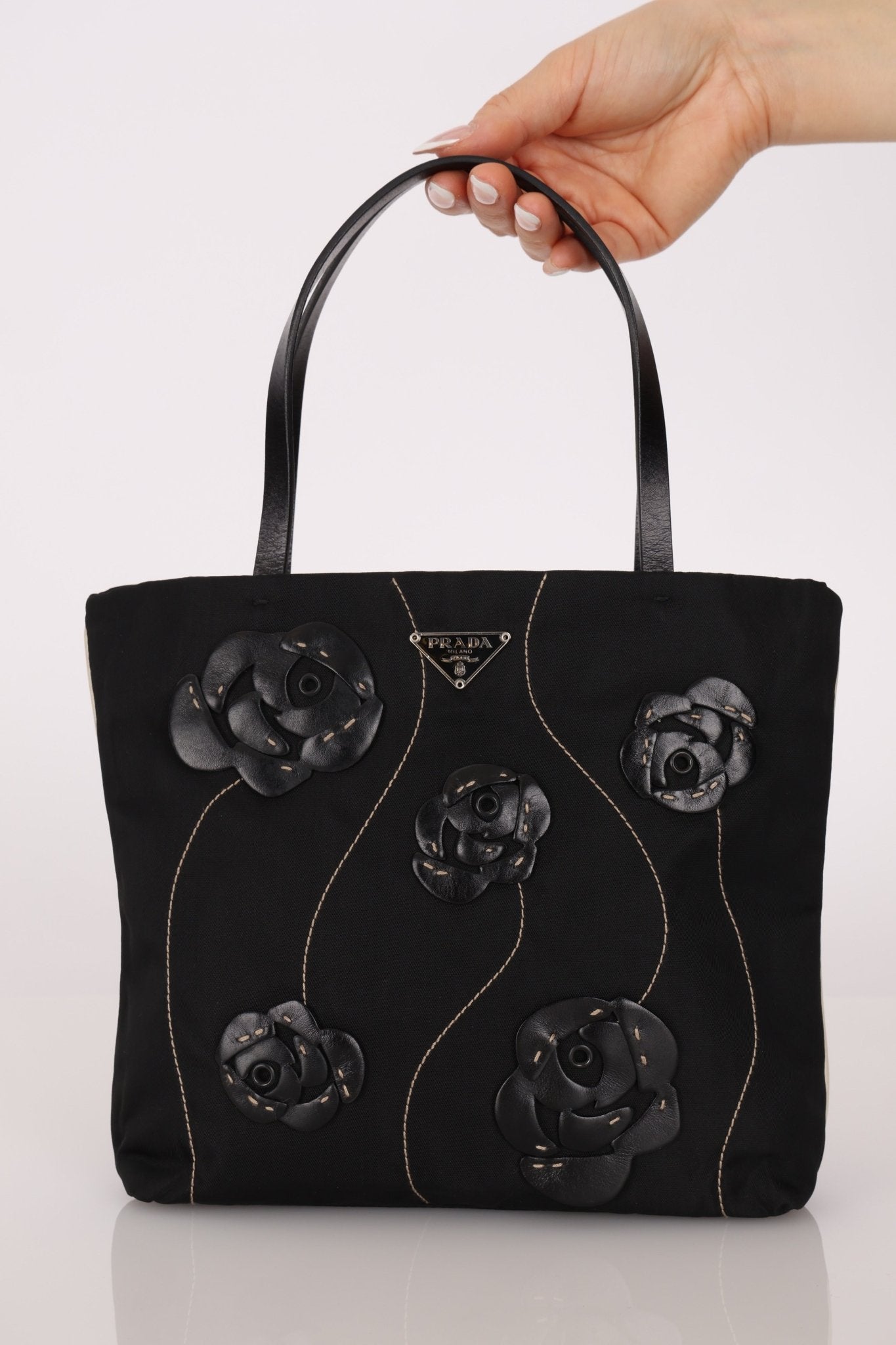 Prada Nylon and Leather Floral Applique Mini Tote - FashioNica