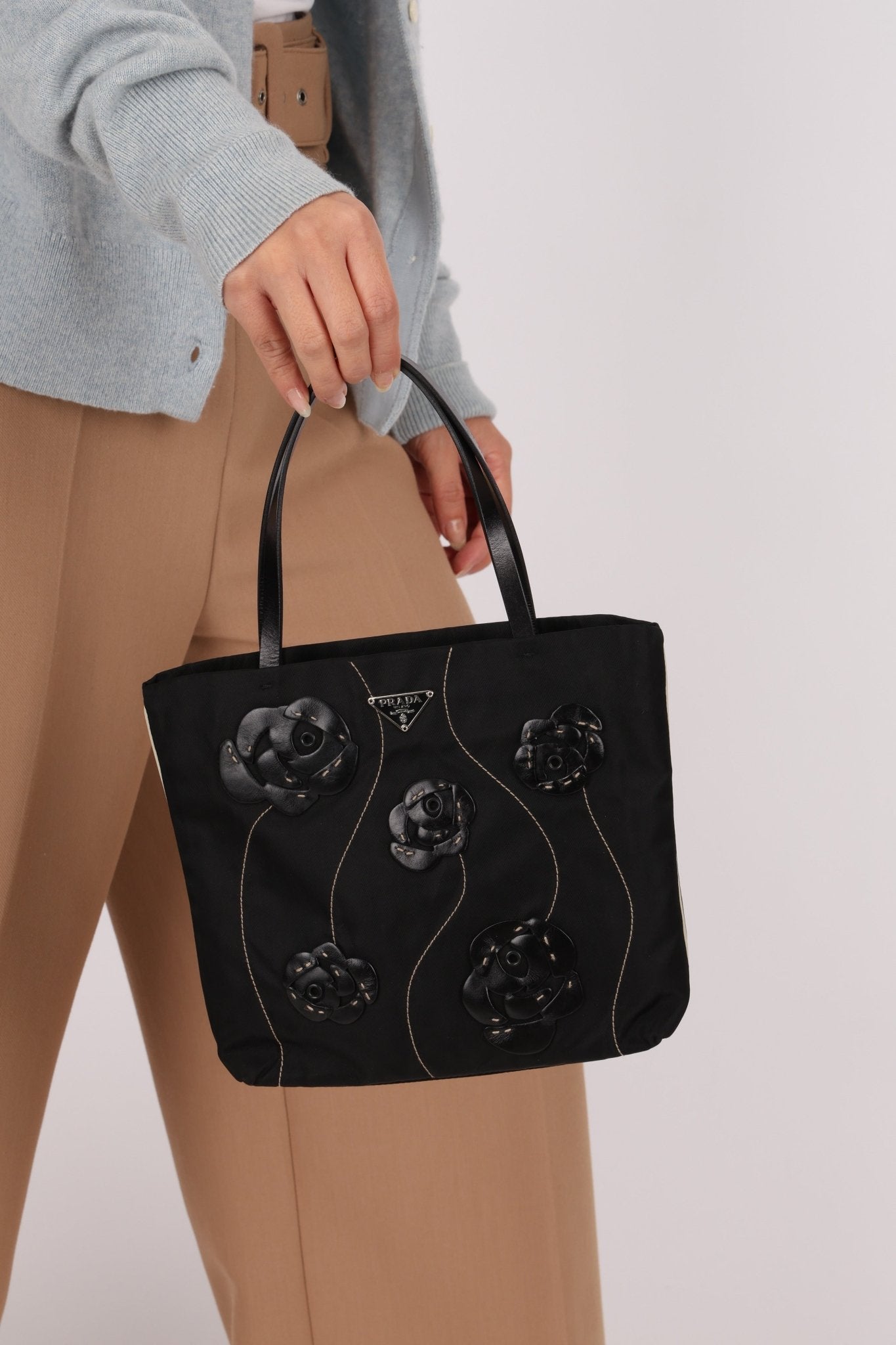 Prada Nylon and Leather Floral Applique Mini Tote - FashioNica