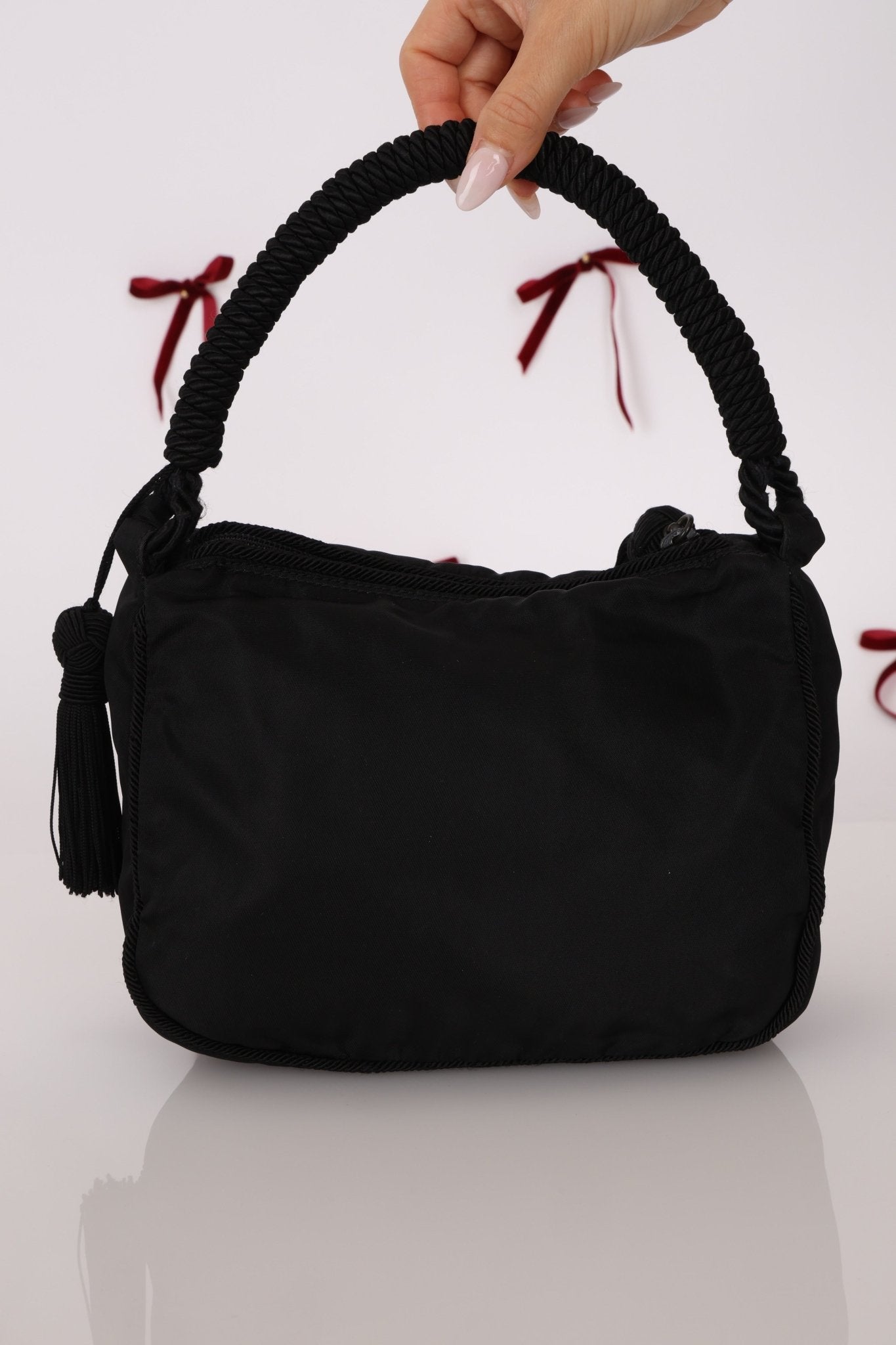 Prada Nylon Beaded Logo Tassel Hobo - FashioNica