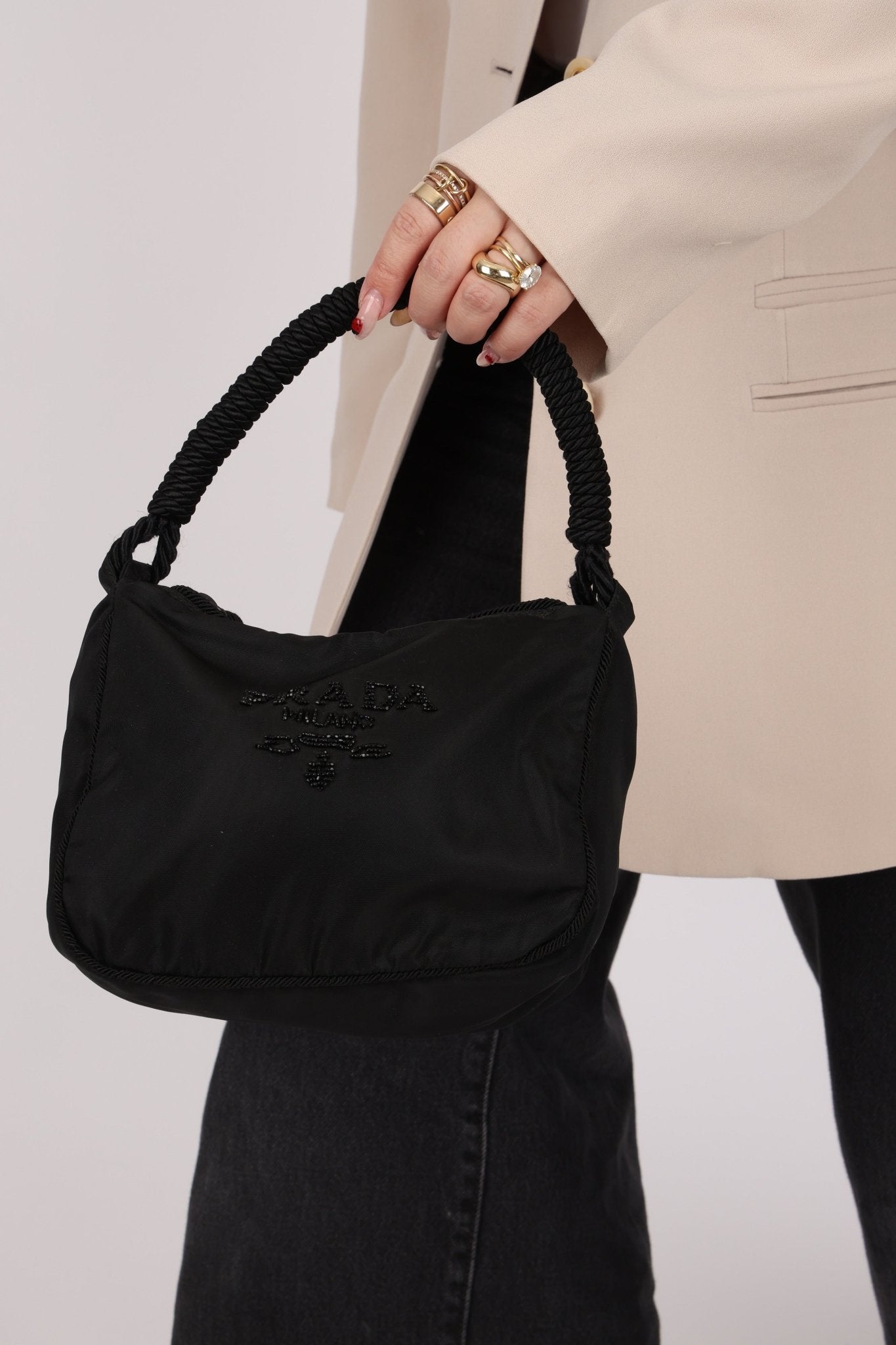 Prada Nylon Beaded Logo Tassel Hobo - FashioNica