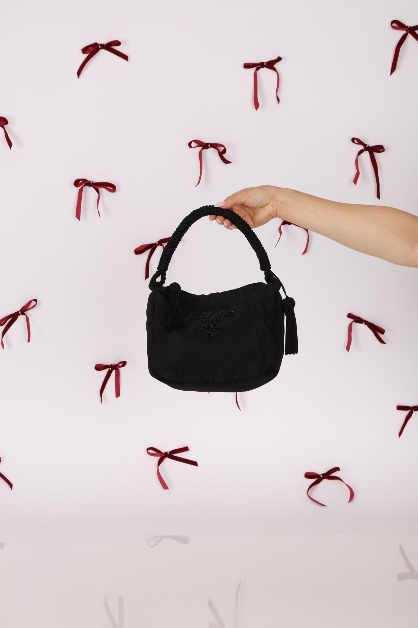 Prada Nylon Beaded Logo Tassel Hobo - FashioNica