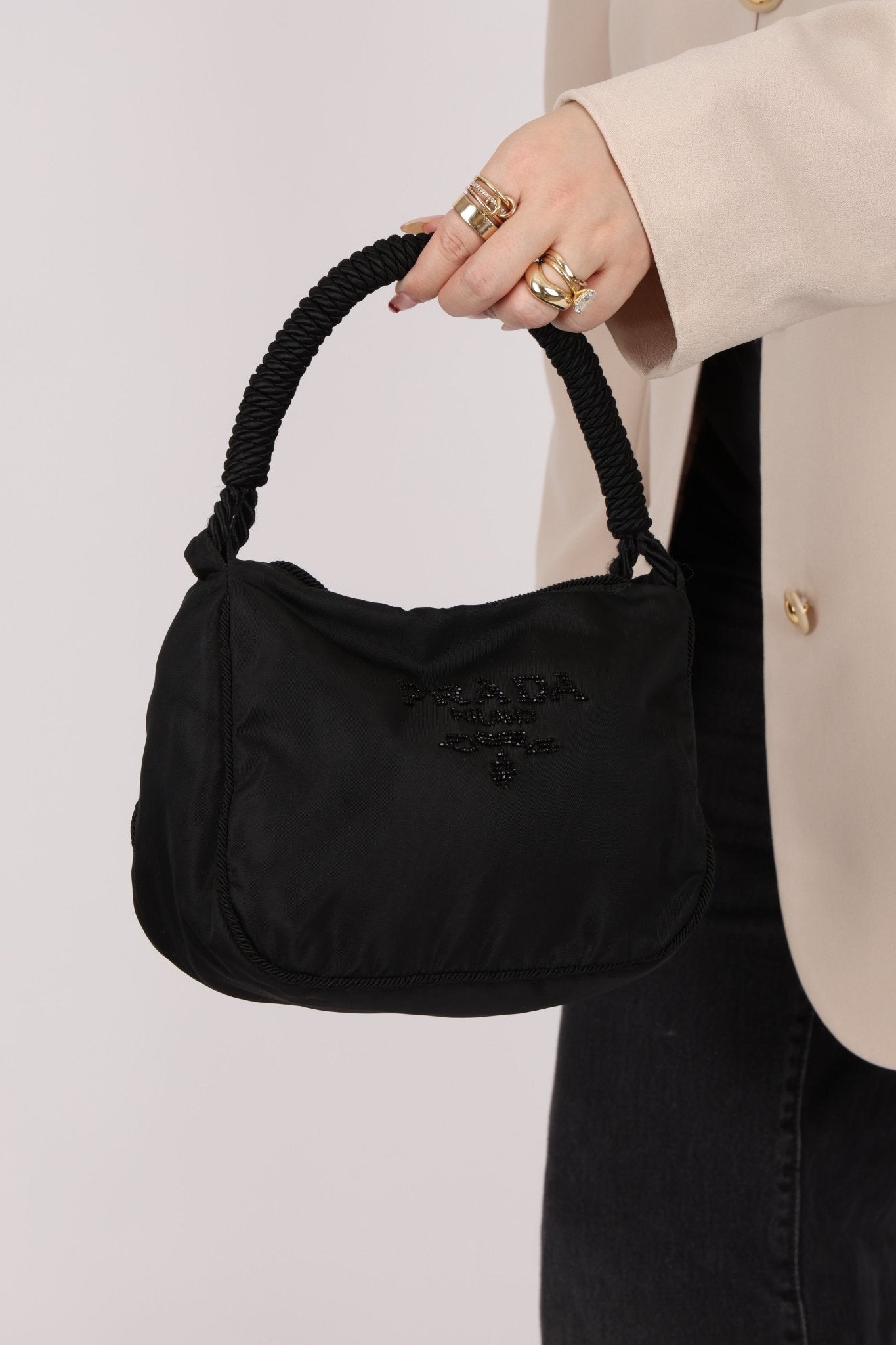 Prada Nylon Beaded Logo Tassel Hobo - FashioNica