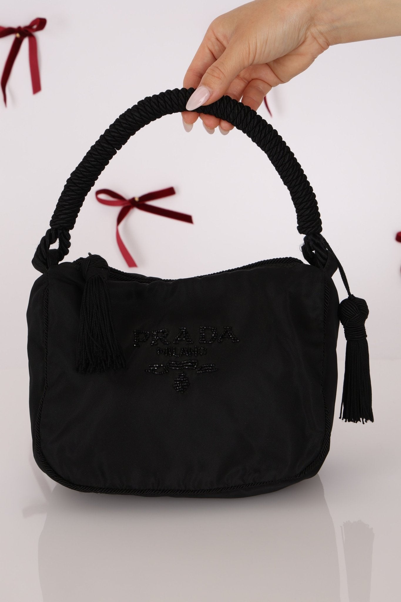 Prada Nylon Beaded Logo Tassel Hobo - FashioNica