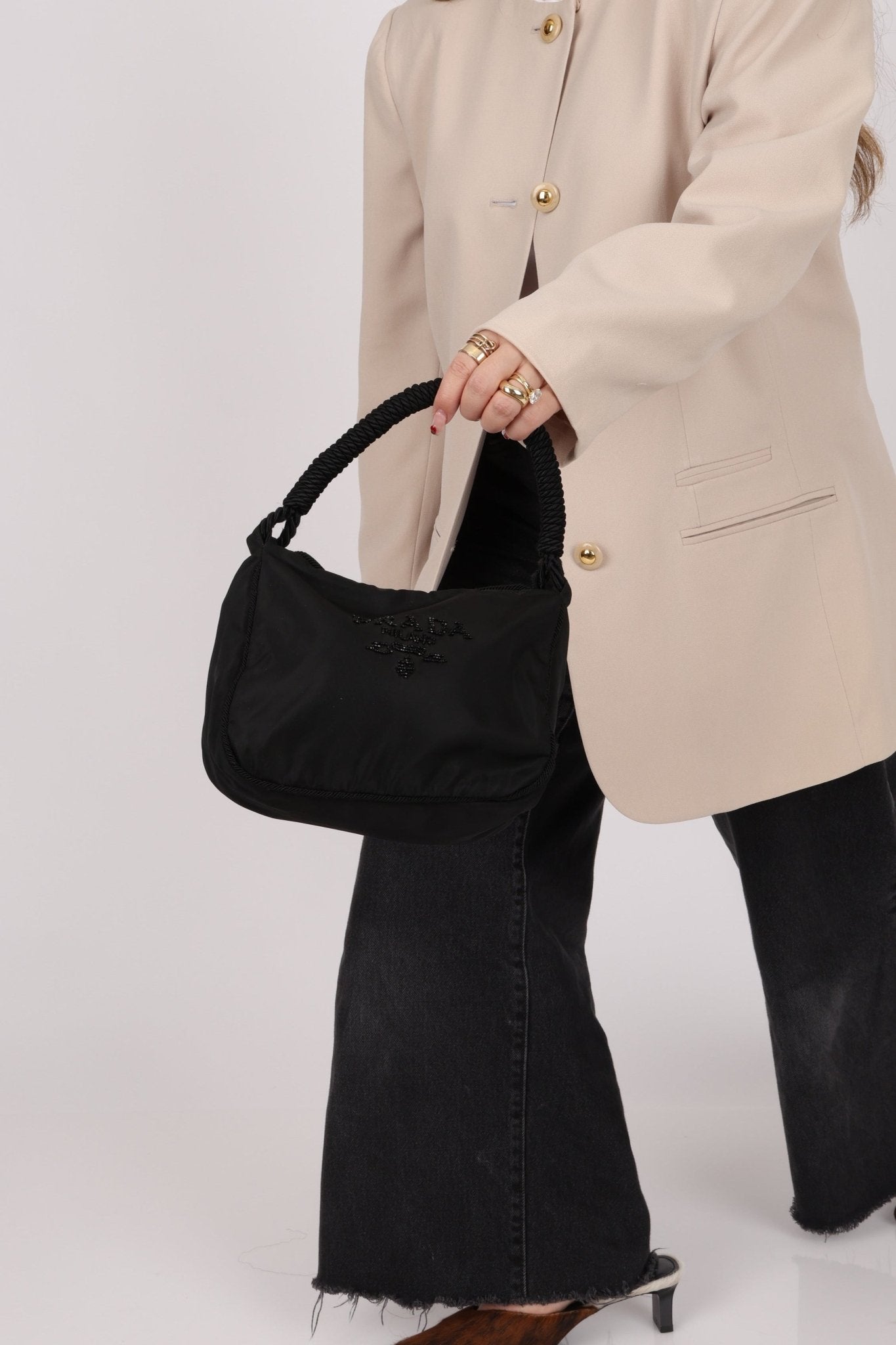 Prada Nylon Beaded Logo Tassel Hobo - FashioNica