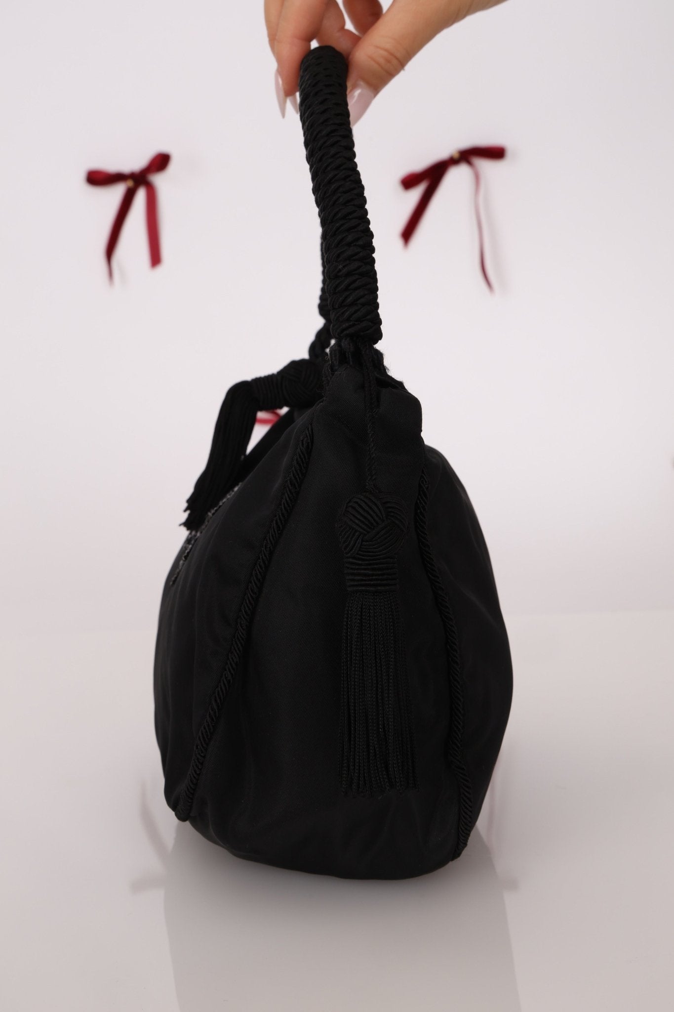 Prada Nylon Beaded Logo Tassel Hobo - FashioNica