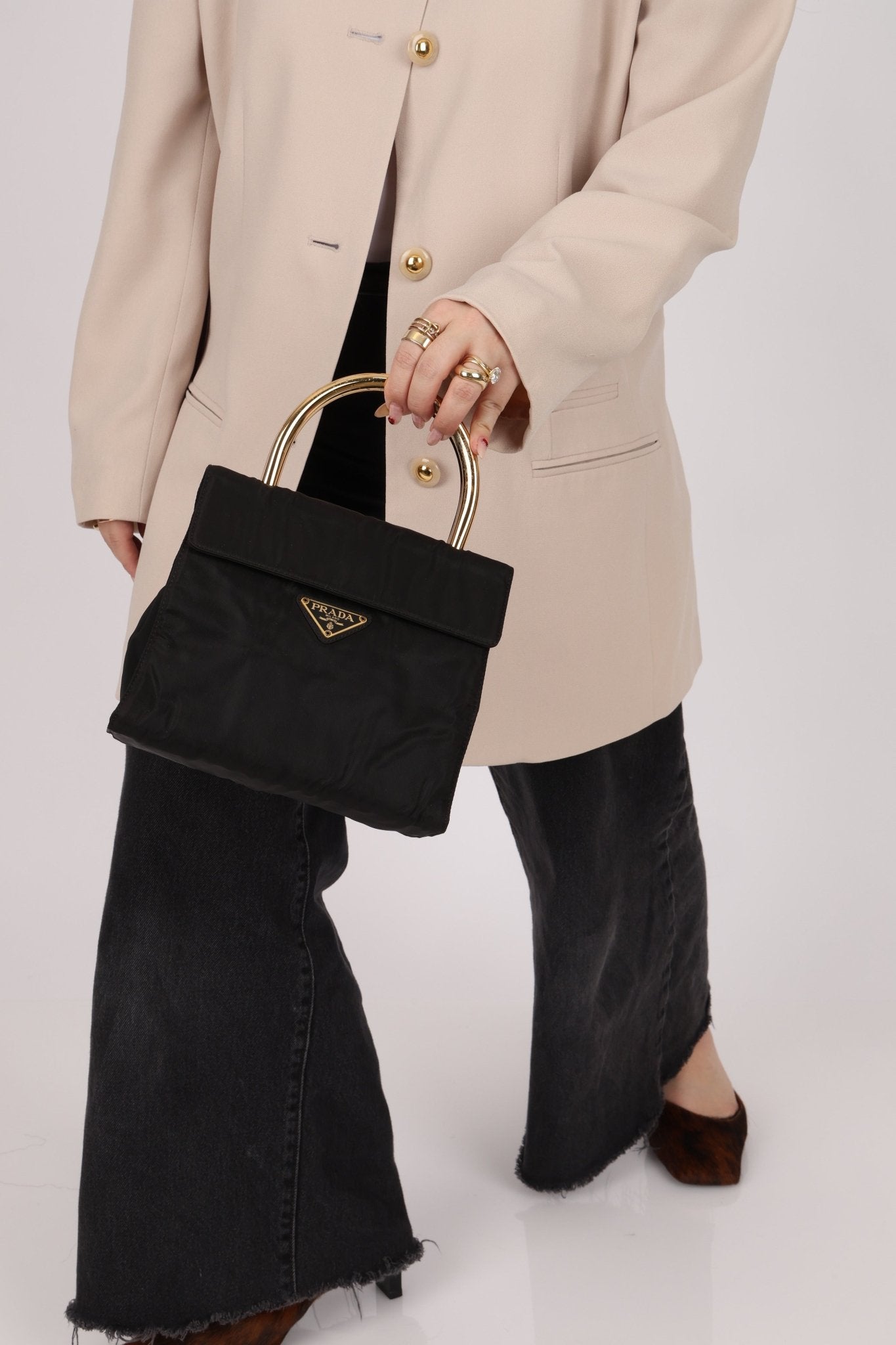 Prada Nylon Gold Mini Kelly Top Handle - FashioNica