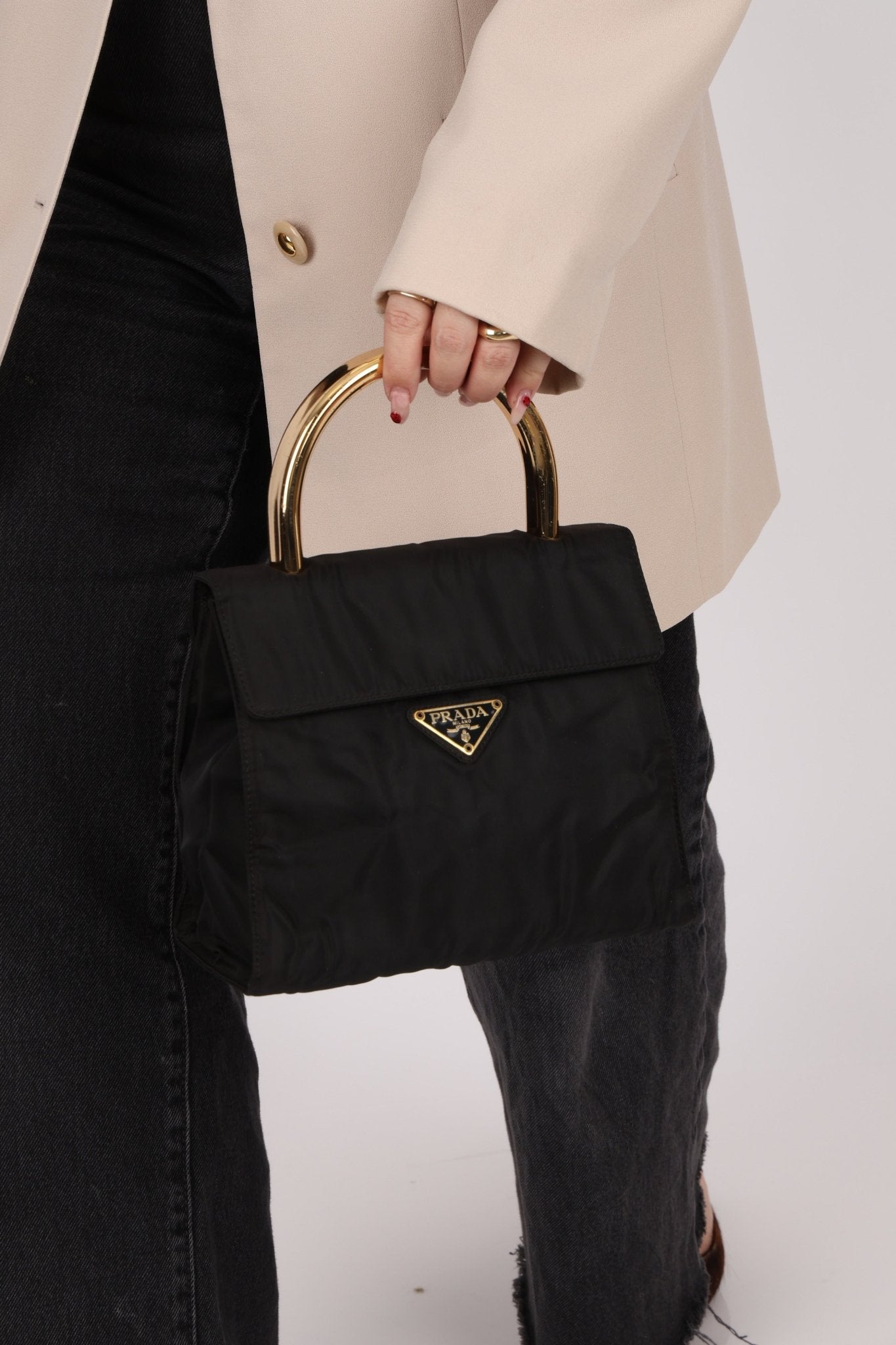 Prada Nylon Gold Mini Kelly Top Handle - FashioNica