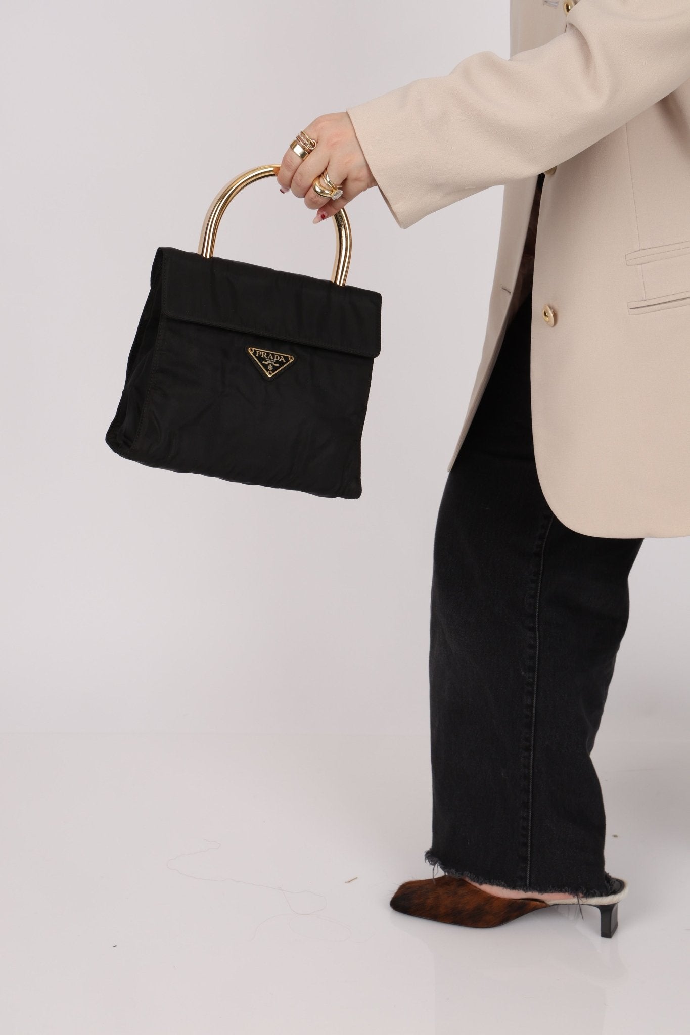 Prada Nylon Gold Mini Kelly Top Handle - FashioNica