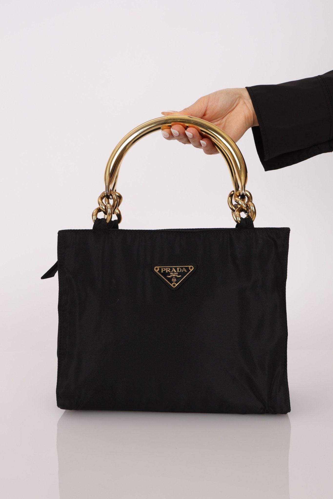 Prada Nylon Gold Top Handle Mini Tote - FashioNica