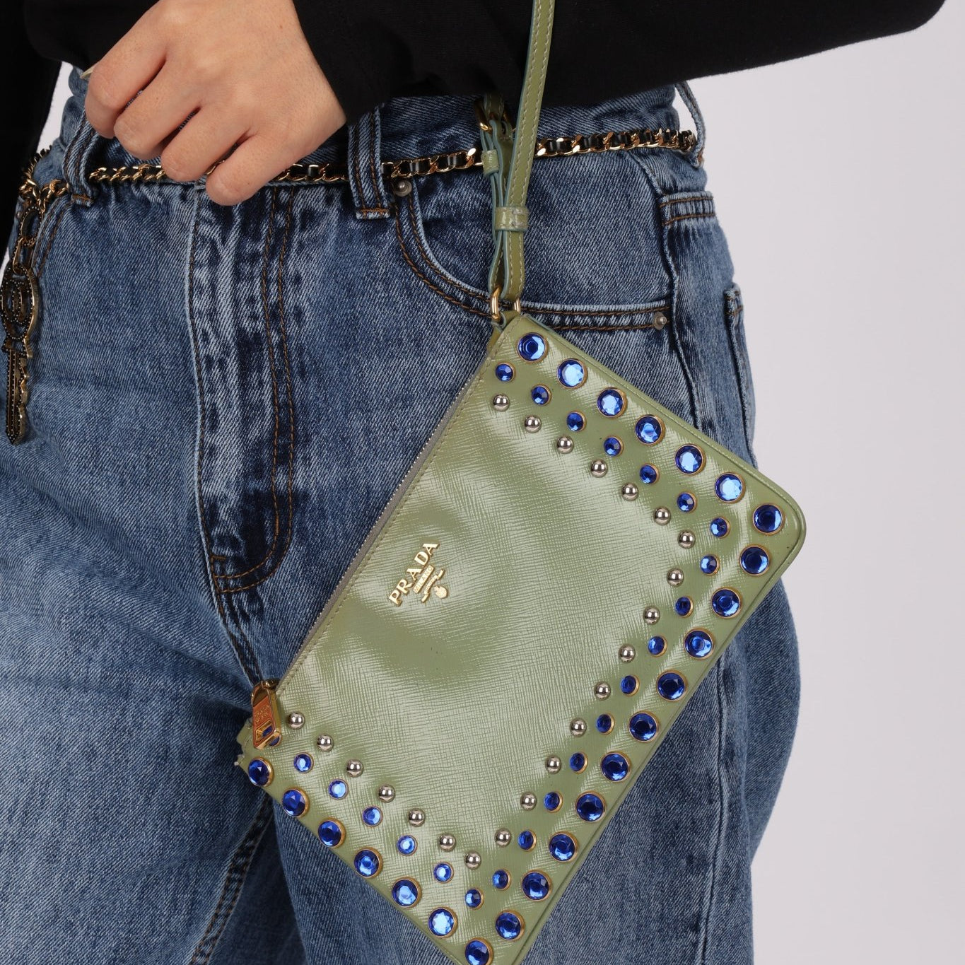 Prada Saffiano Bejeweled Clutch - FashioNica