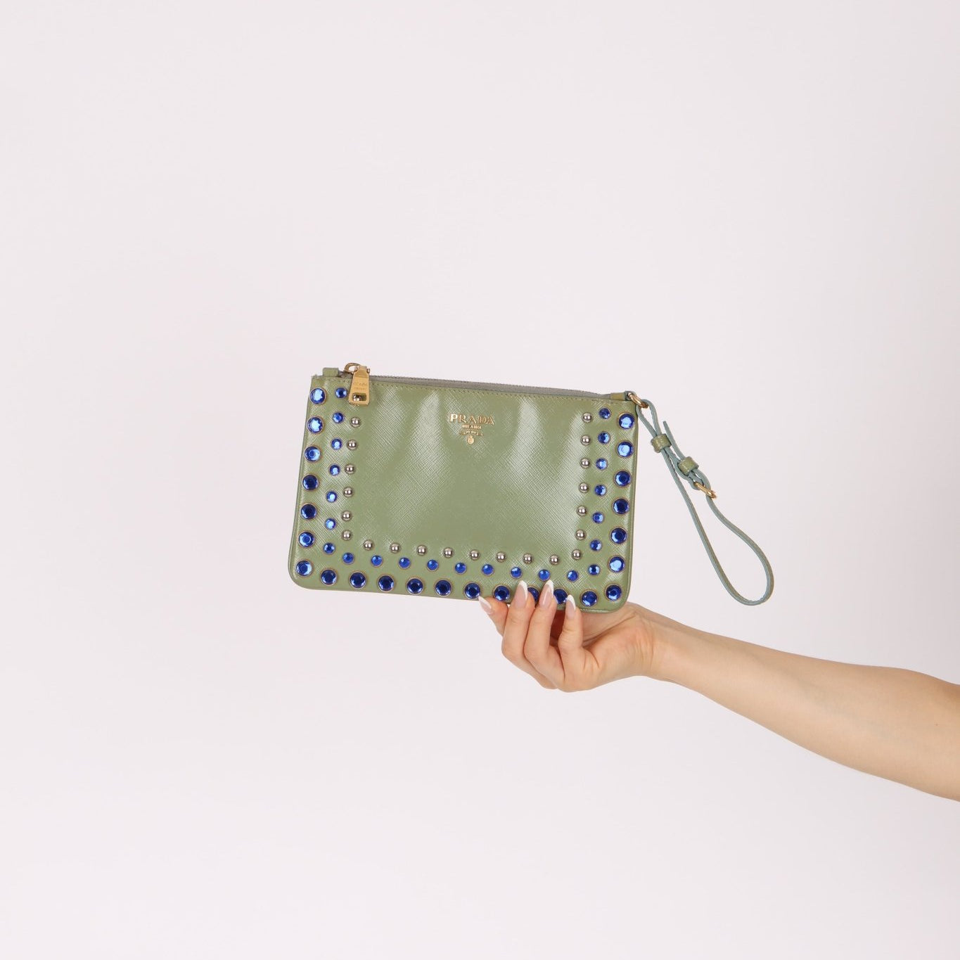 Prada Saffiano Bejeweled Clutch - FashioNica