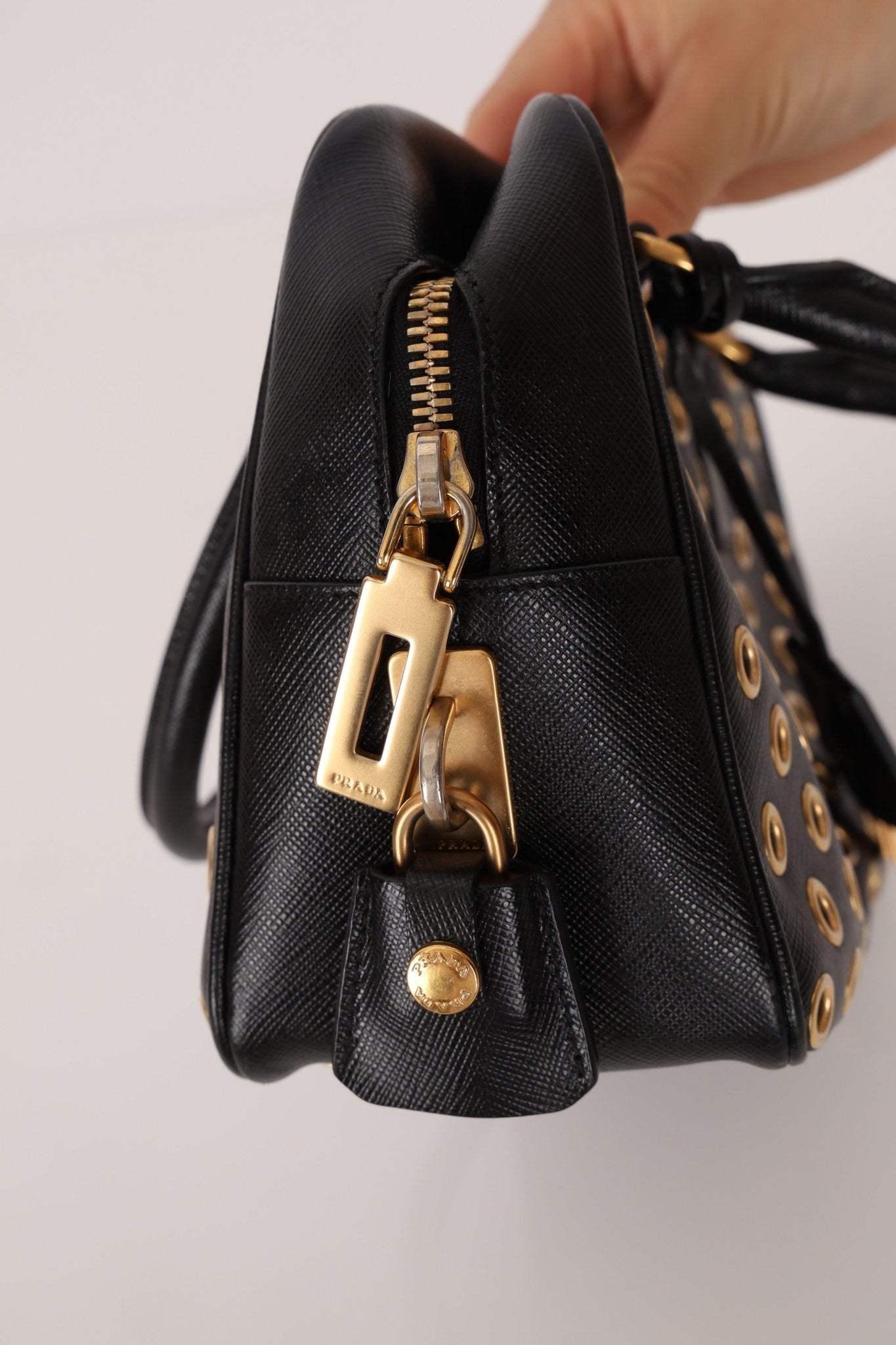 Prada Saffiano Grommet Bauletto Bowler Bag - FashioNica