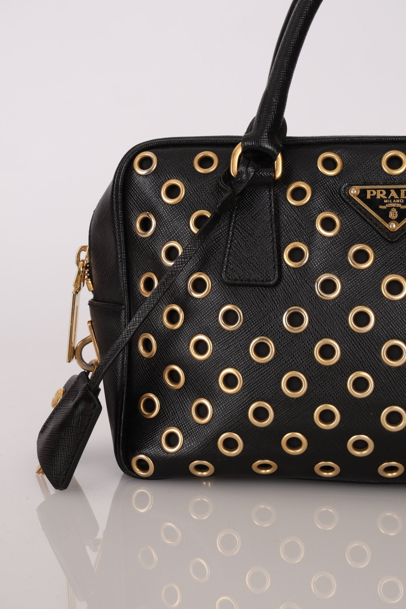 Prada Saffiano Grommet Bauletto Bowler Bag - FashioNica