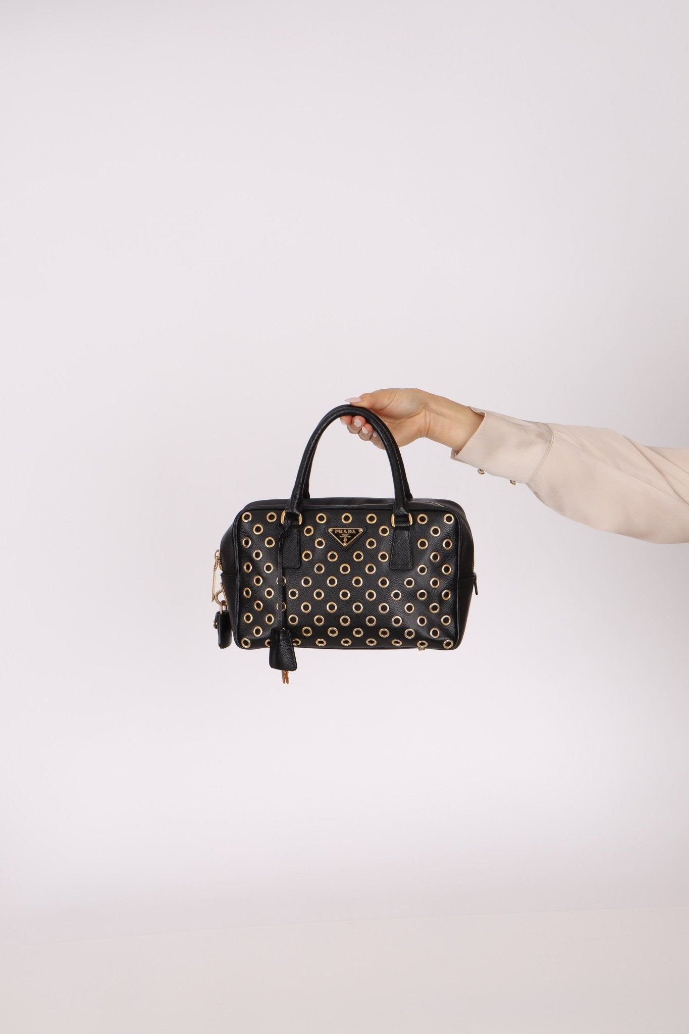 Prada Saffiano Grommet Bauletto Bowler Bag - FashioNica