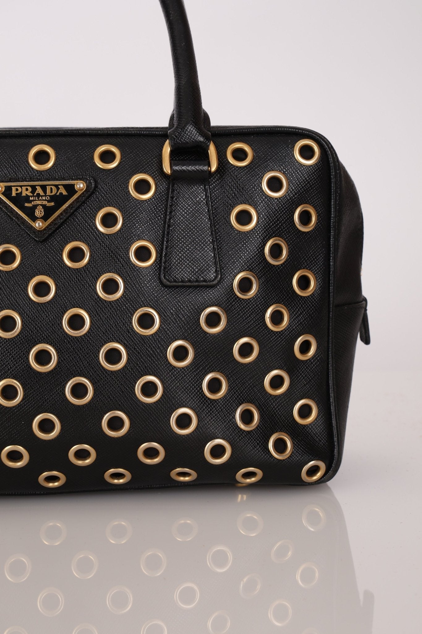 Prada Saffiano Grommet Bauletto Bowler Bag - FashioNica