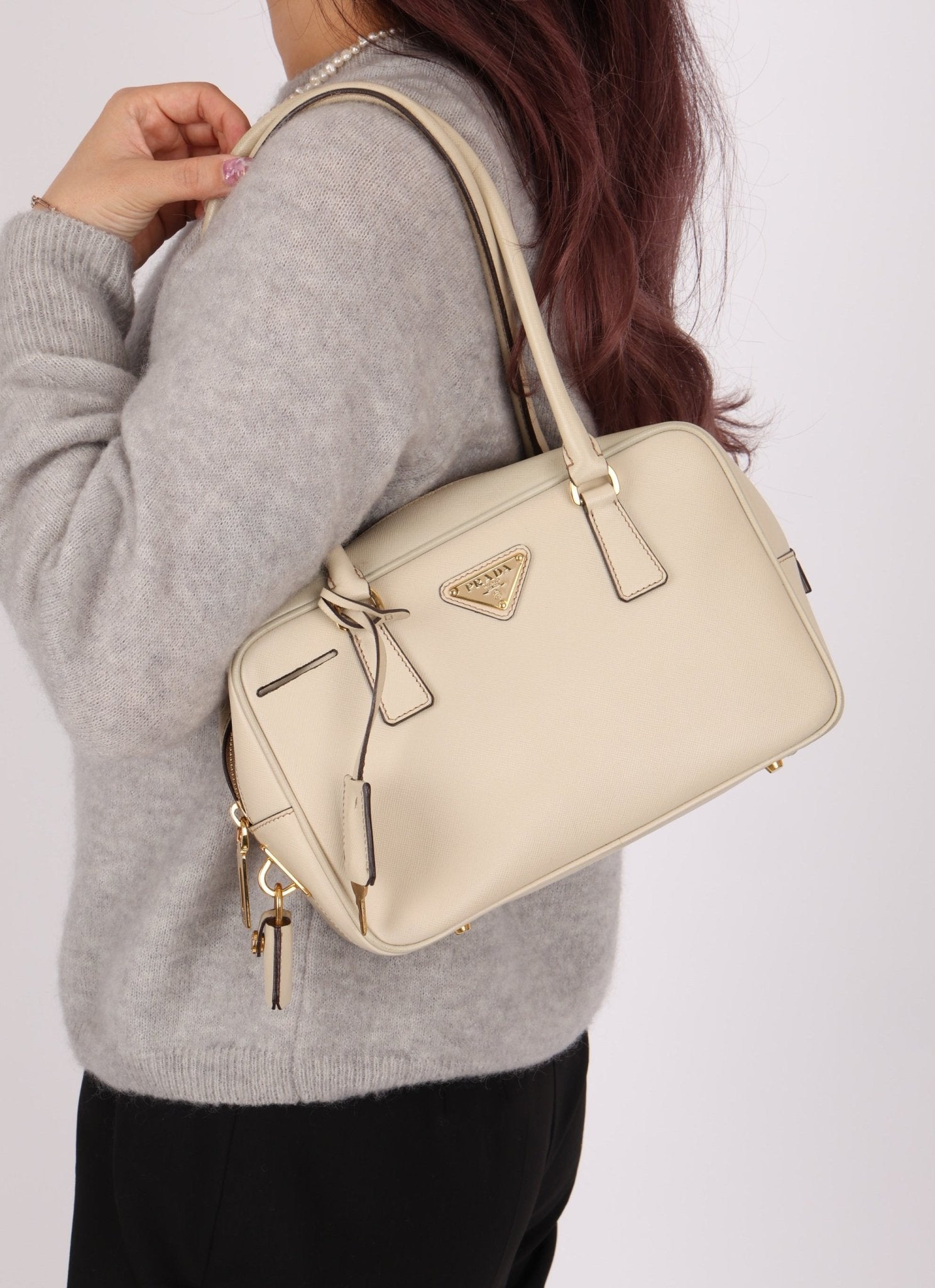 Prada Saffiano Ivory Leather Top Handle - FashioNica
