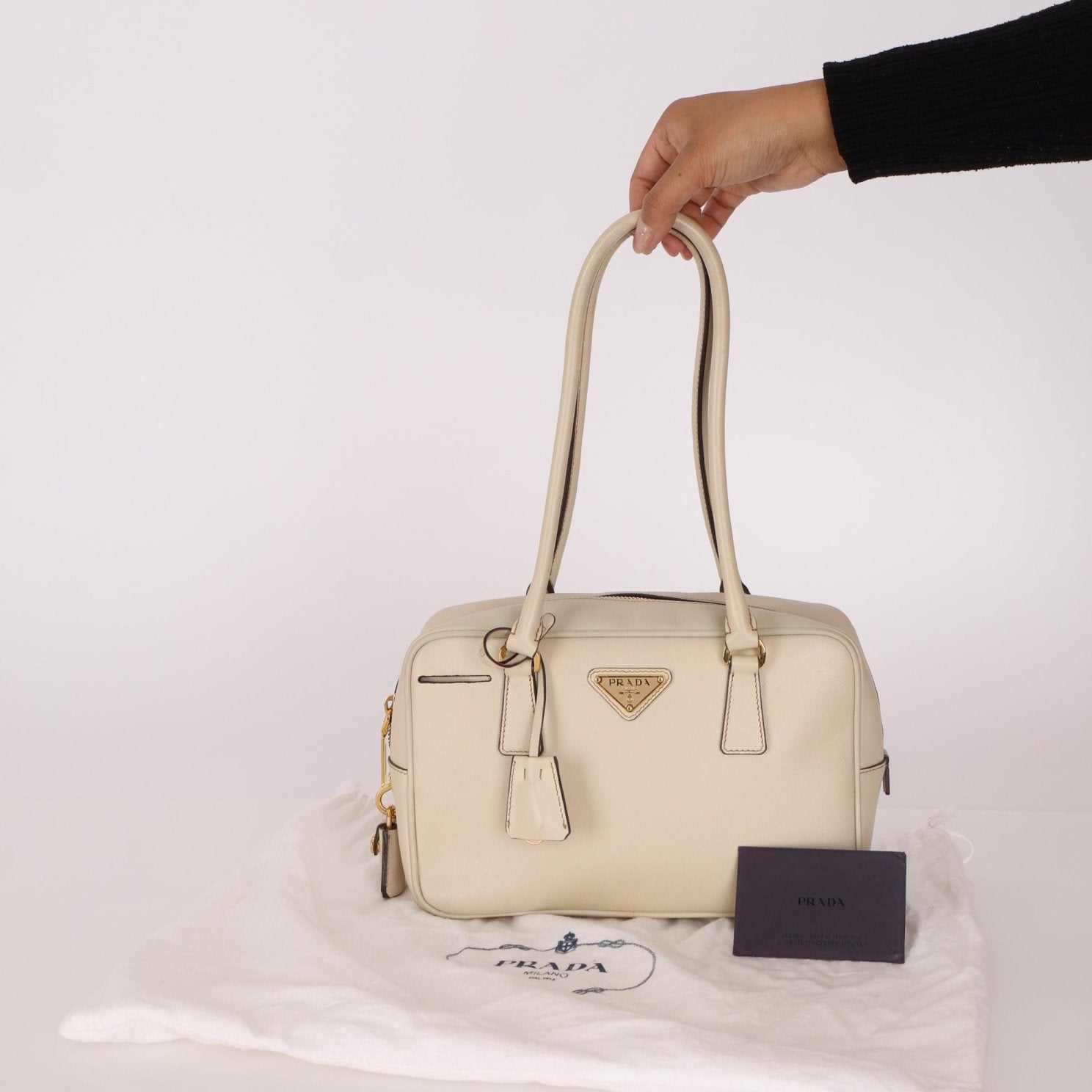 Prada Saffiano Ivory Leather Top Handle - FashioNica