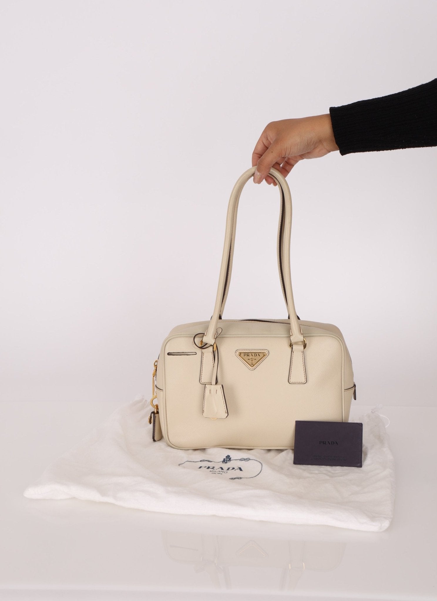 Prada Saffiano Ivory Leather Top Handle - FashioNica