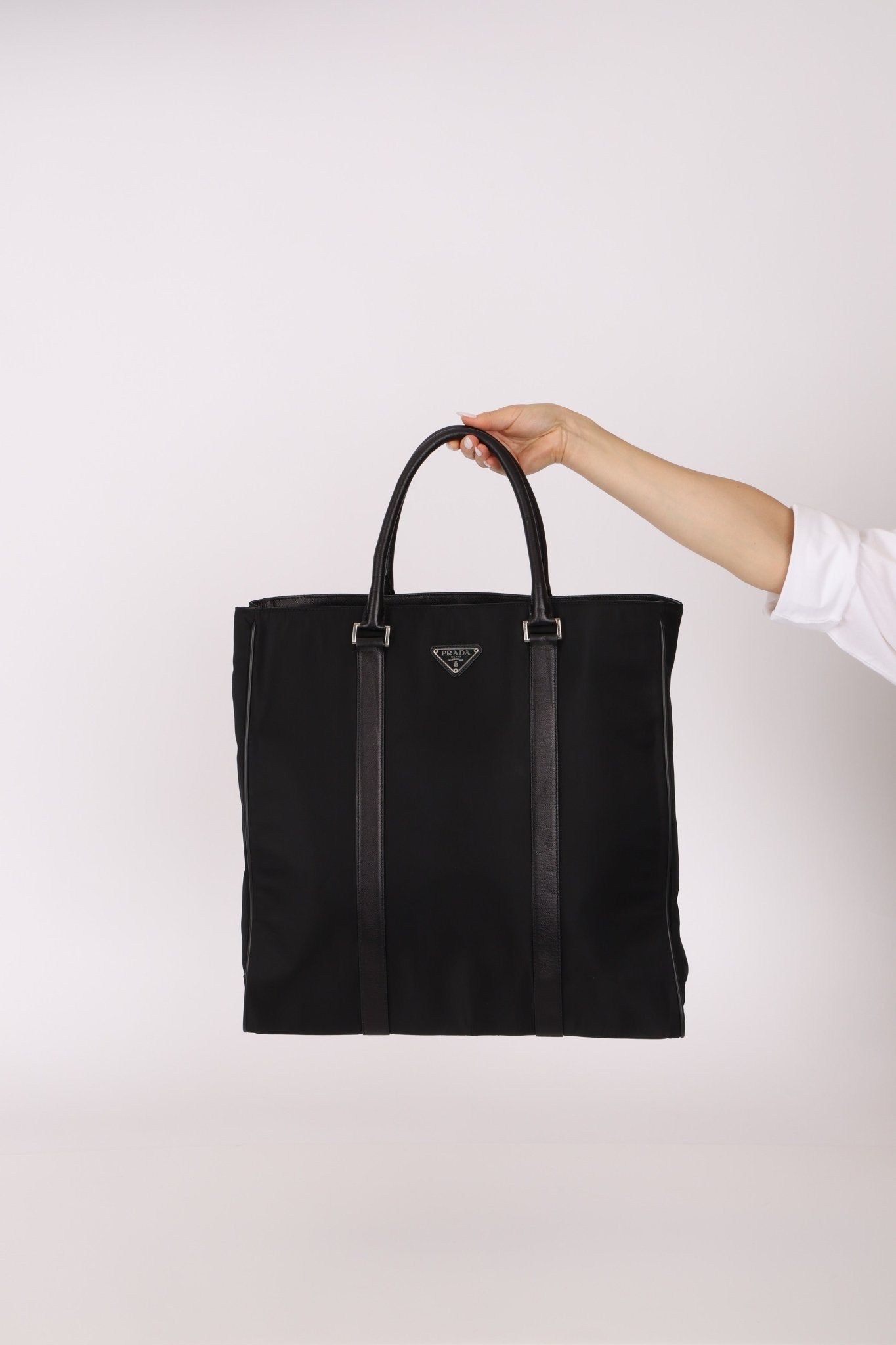 Prada Saffiano - Trimmed Tessuto XL North South Tote - FashioNica