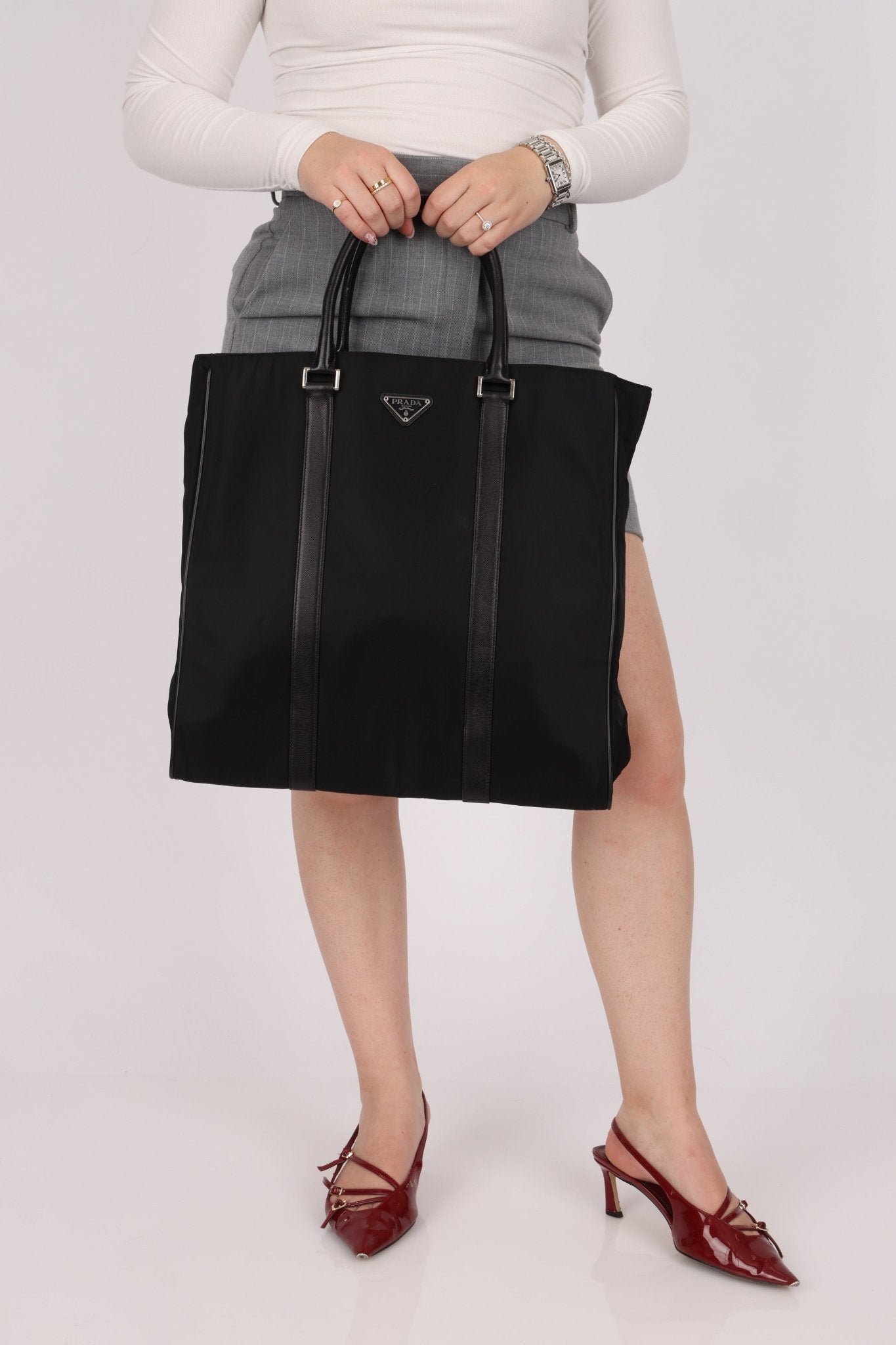 Prada Saffiano - Trimmed Tessuto XL North South Tote - FashioNica