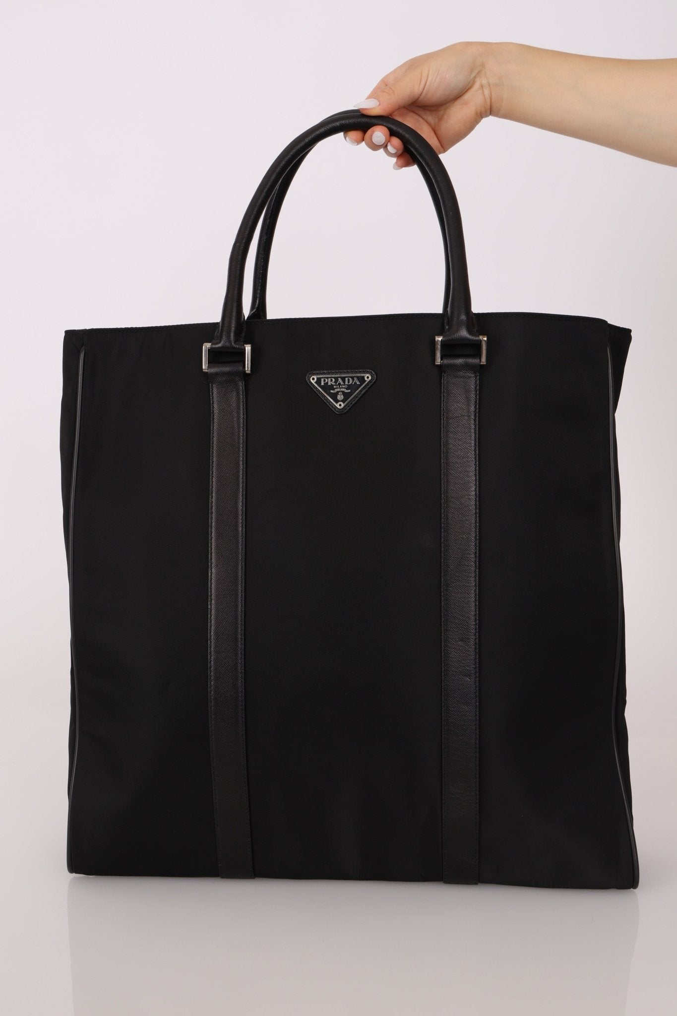 Prada Saffiano - Trimmed Tessuto XL North South Tote - FashioNica