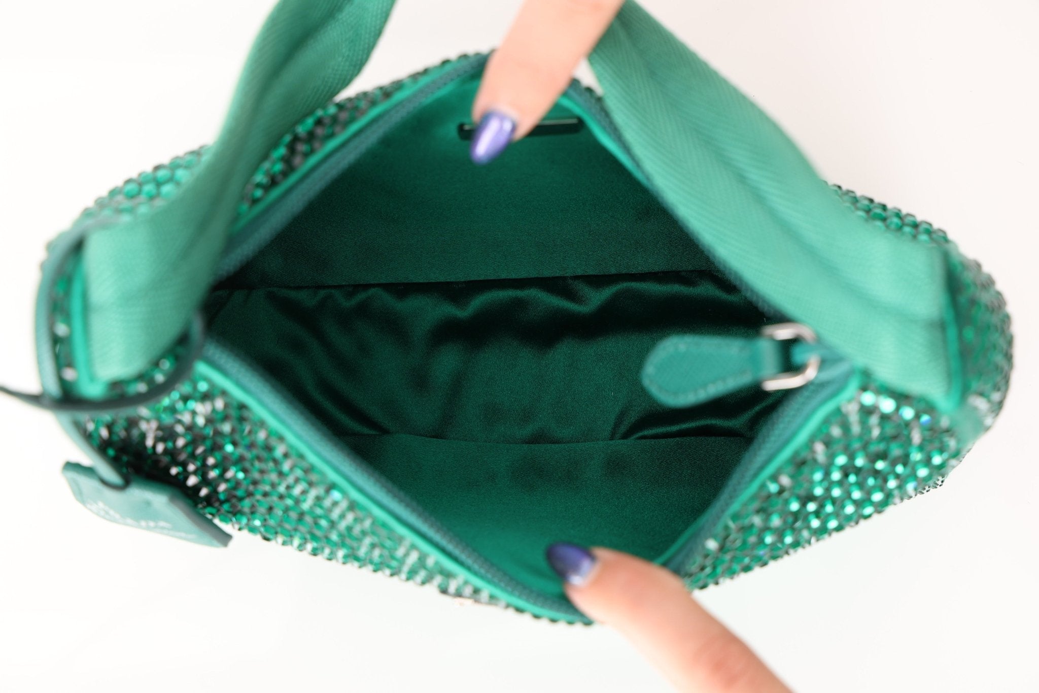 Prada Satin Crystal Mini Re - Edition 2000 Bag in Green Mango - FashioNica
