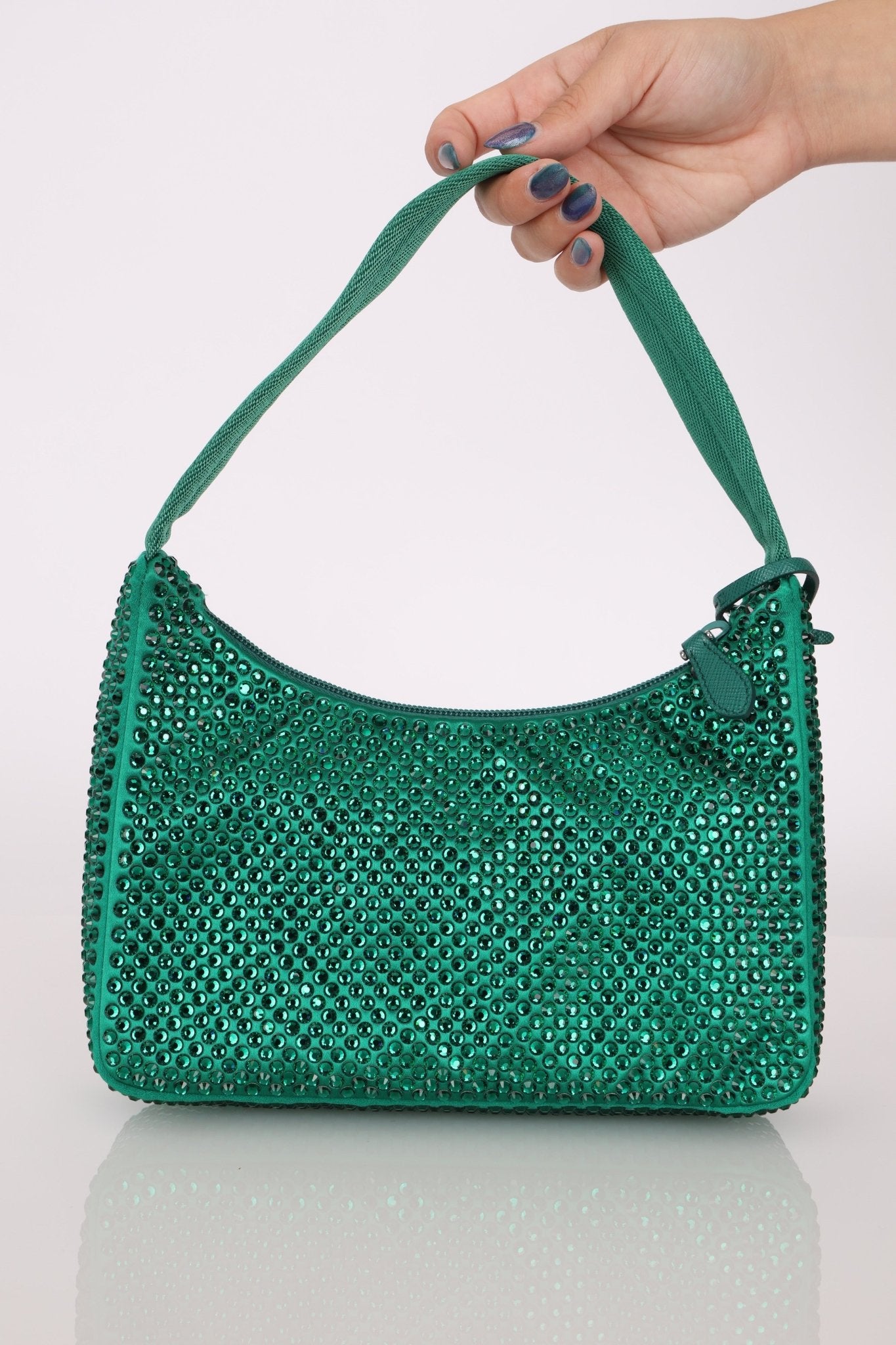 Prada Satin Crystal Mini Re - Edition 2000 Bag in Green Mango - FashioNica