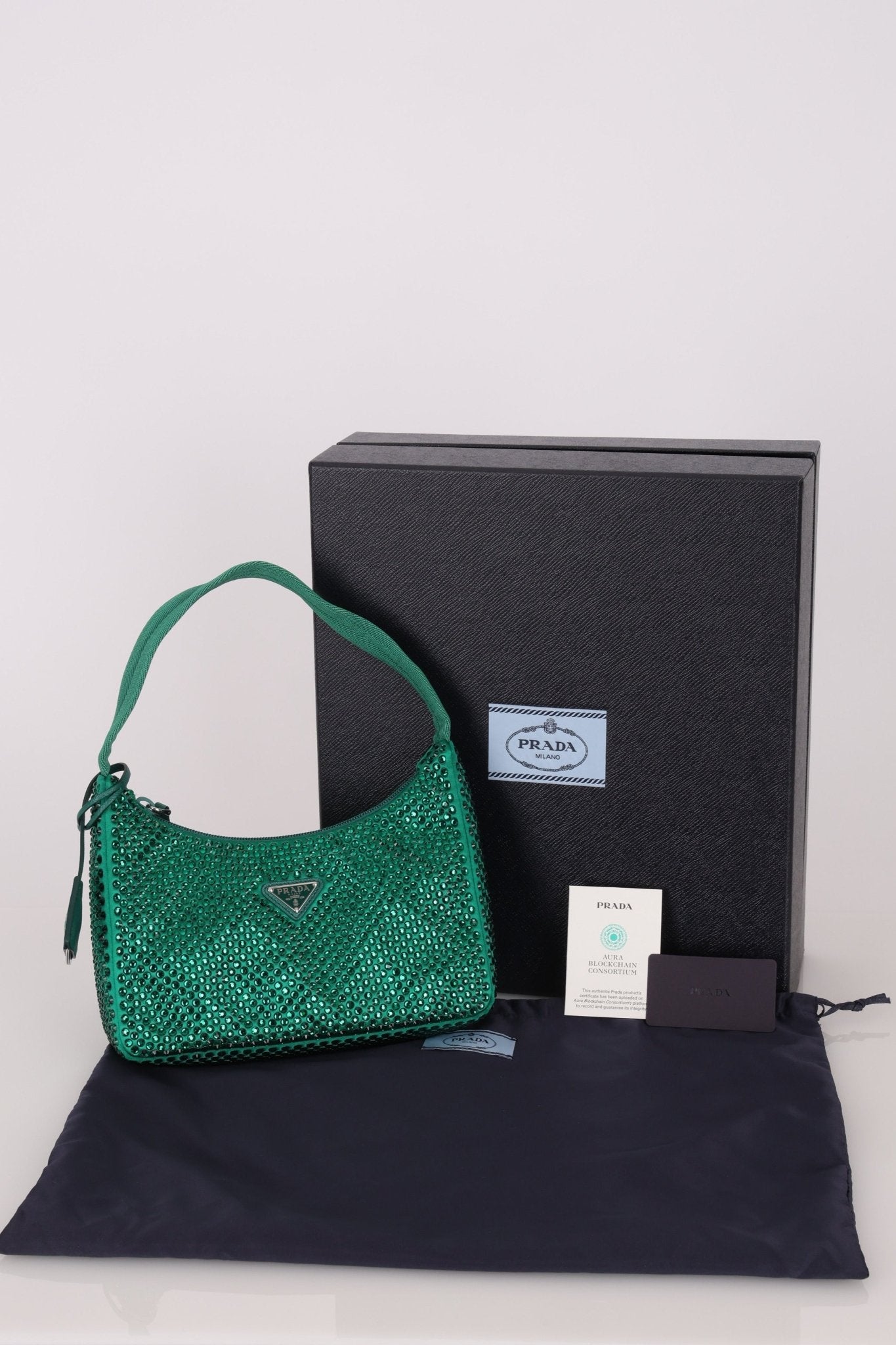 Prada Satin Crystal Mini Re - Edition 2000 Bag in Green Mango - FashioNica