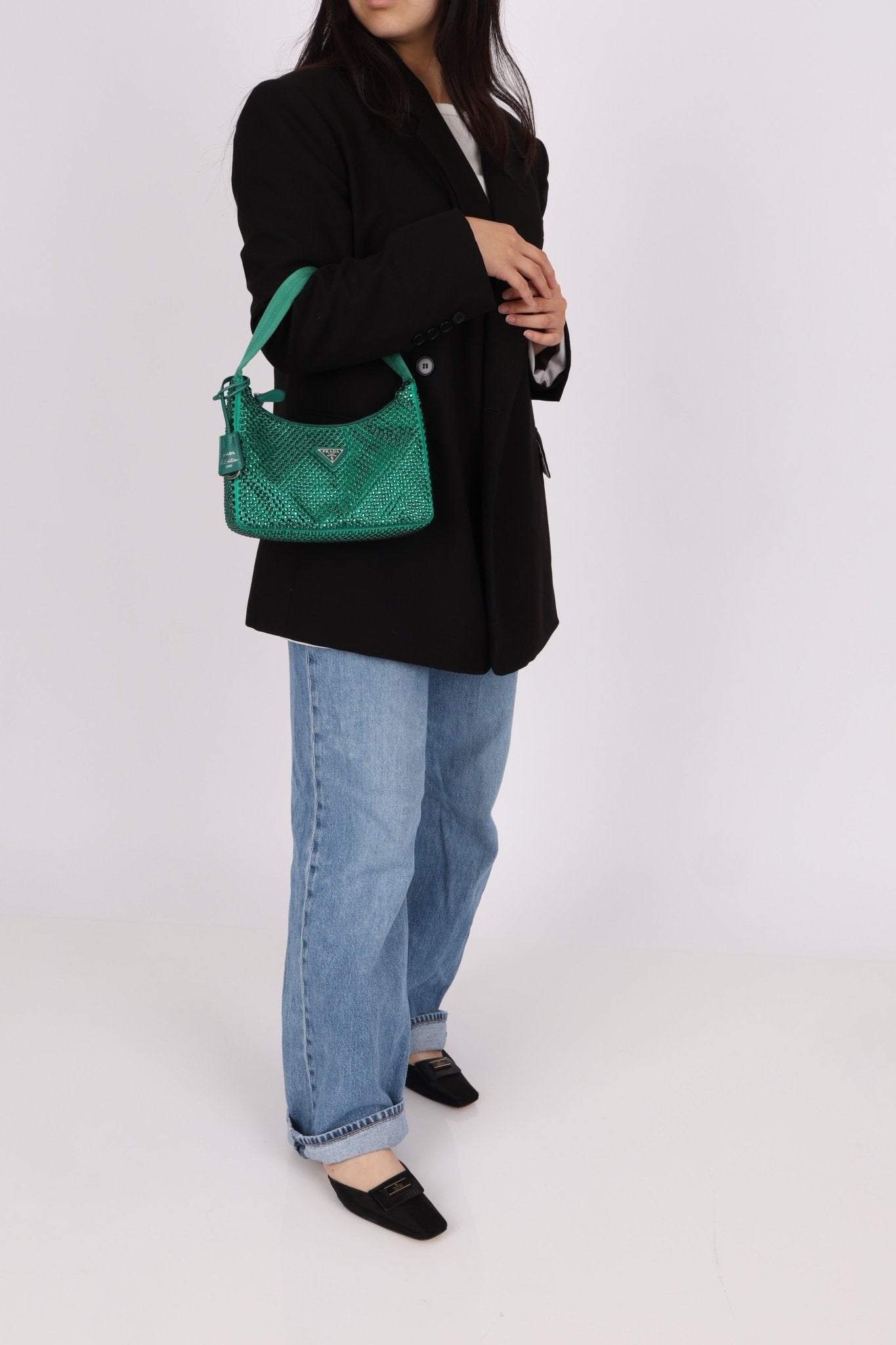 Prada Satin Crystal Mini Re - Edition 2000 Bag in Green Mango - FashioNica