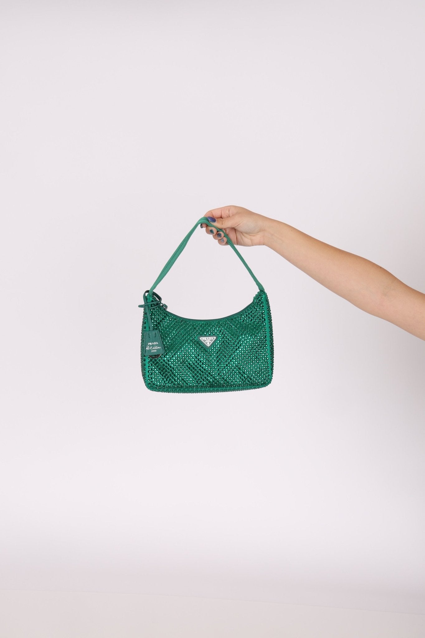 Prada Satin Crystal Mini Re - Edition 2000 Bag in Green Mango - FashioNica