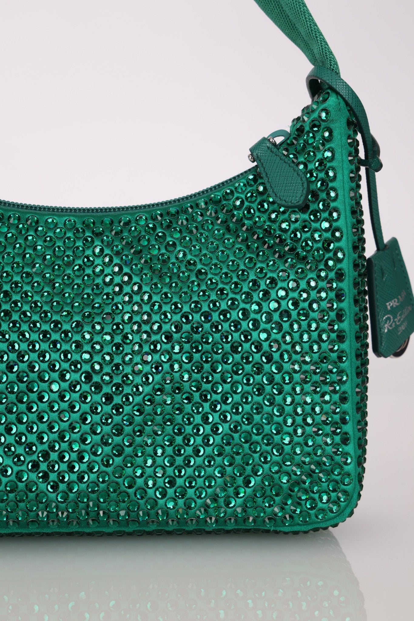 Prada Satin Crystal Mini Re - Edition 2000 Bag in Green Mango - FashioNica