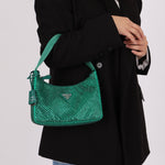 Prada Satin Crystal Mini Re - Edition 2000 Bag in Green Mango - FashioNica