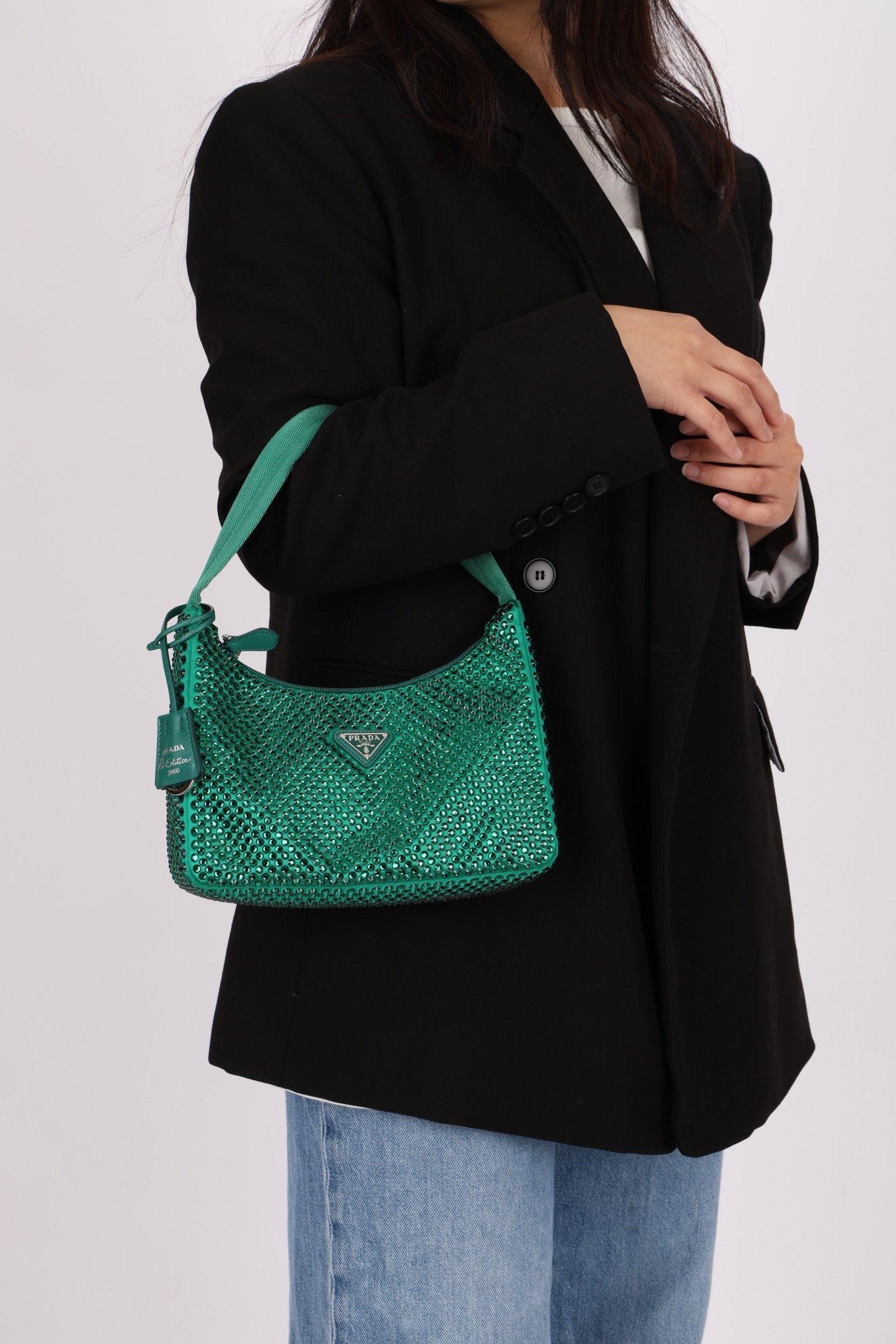 Prada Satin Crystal Mini Re - Edition 2000 Bag in Green Mango - FashioNica