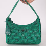 Prada Satin Crystal Mini Re - Edition 2000 Bag in Green Mango - FashioNica