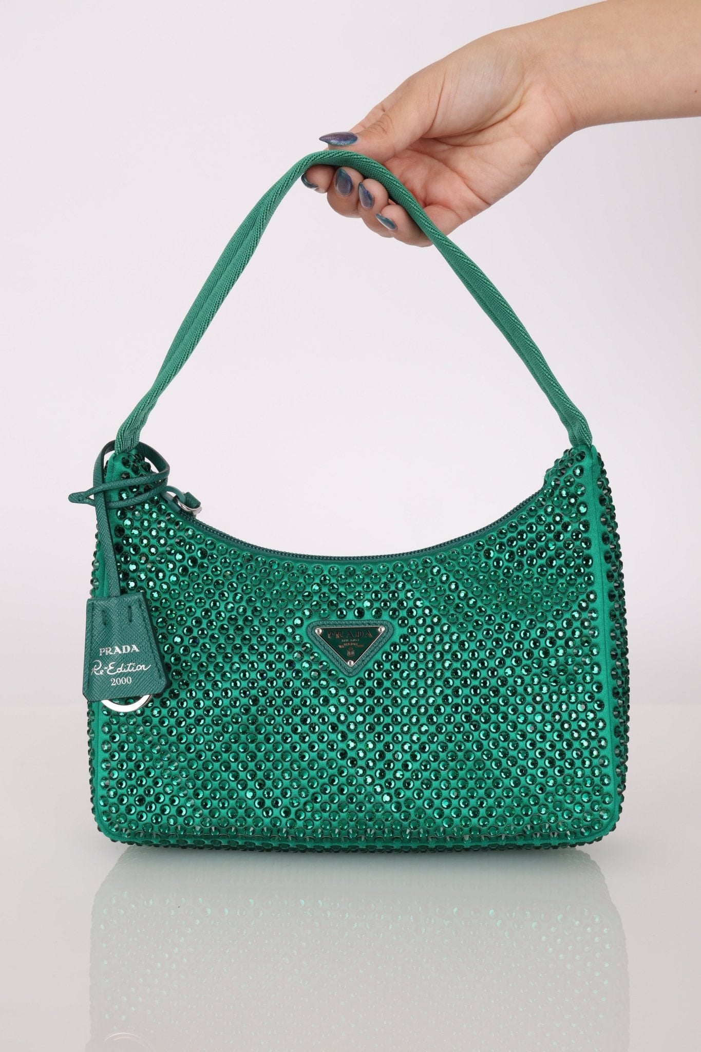 Prada Satin Crystal Mini Re - Edition 2000 Bag in Green Mango - FashioNica