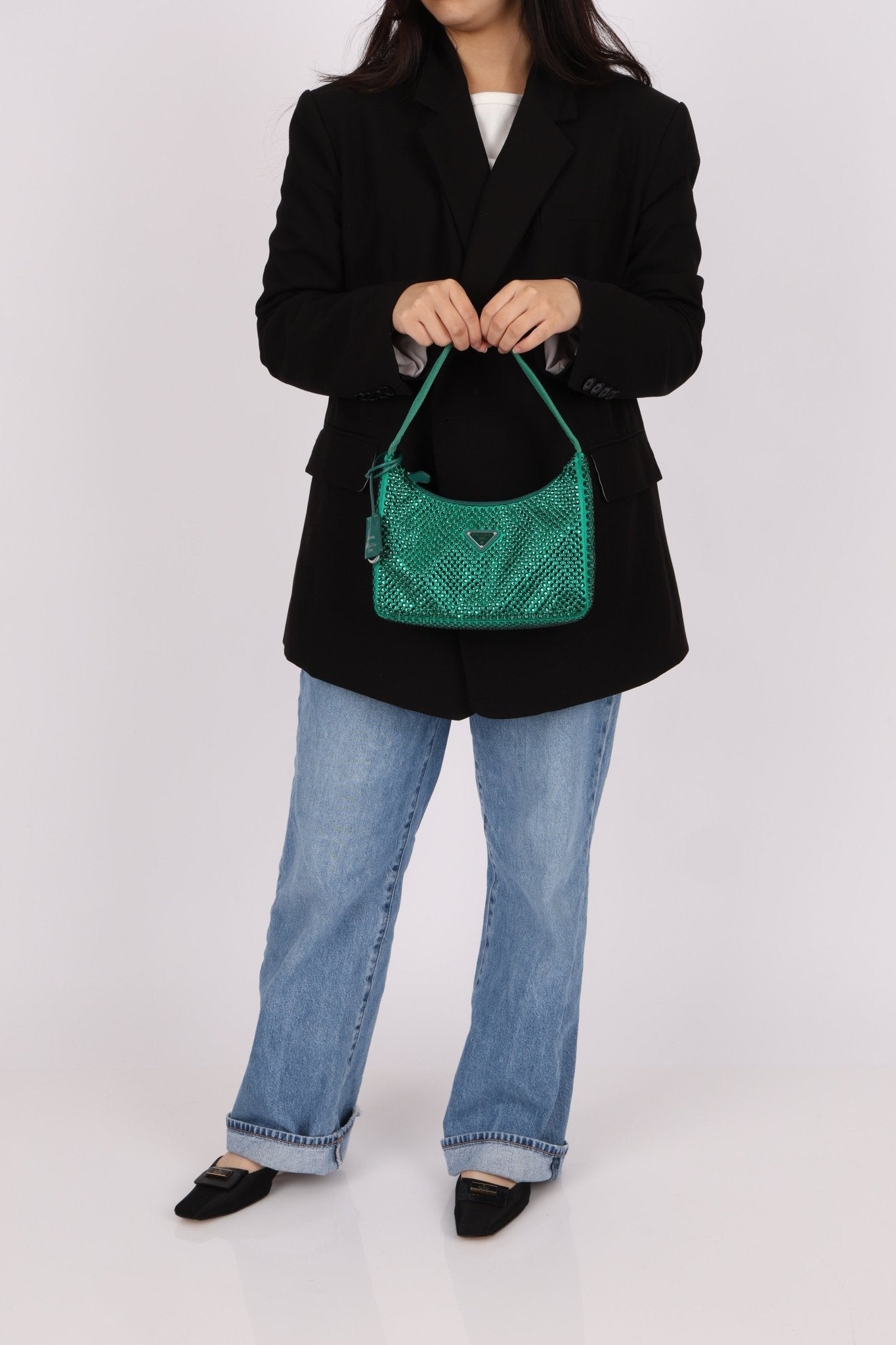 Prada Satin Crystal Mini Re - Edition 2000 Bag in Green Mango - FashioNica