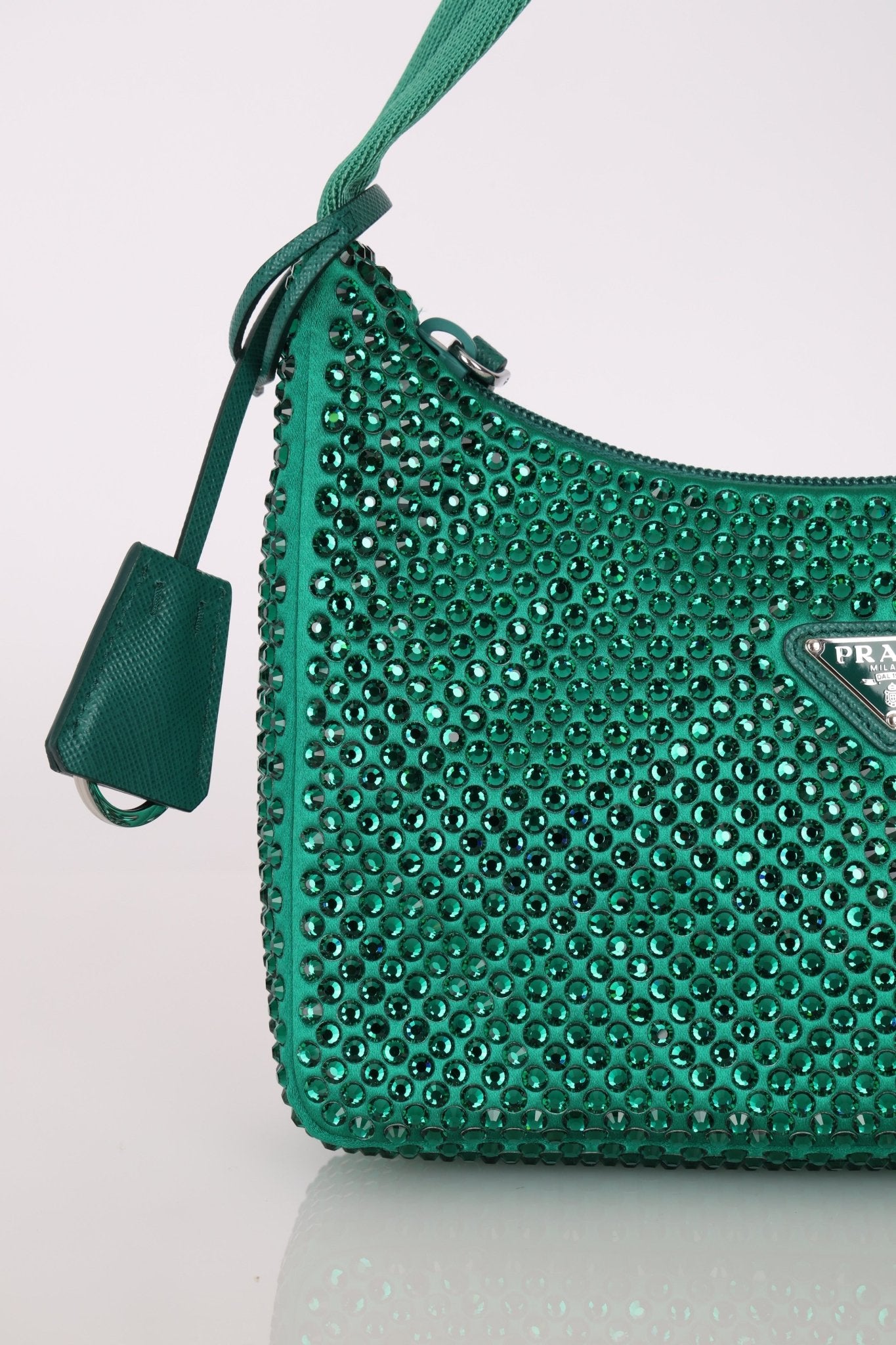 Prada Satin Crystal Mini Re - Edition 2000 Bag in Green Mango - FashioNica