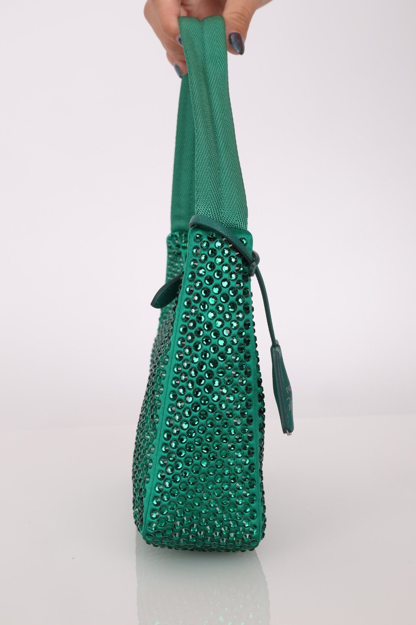 Prada Satin Crystal Mini Re - Edition 2000 Bag in Green Mango - FashioNica