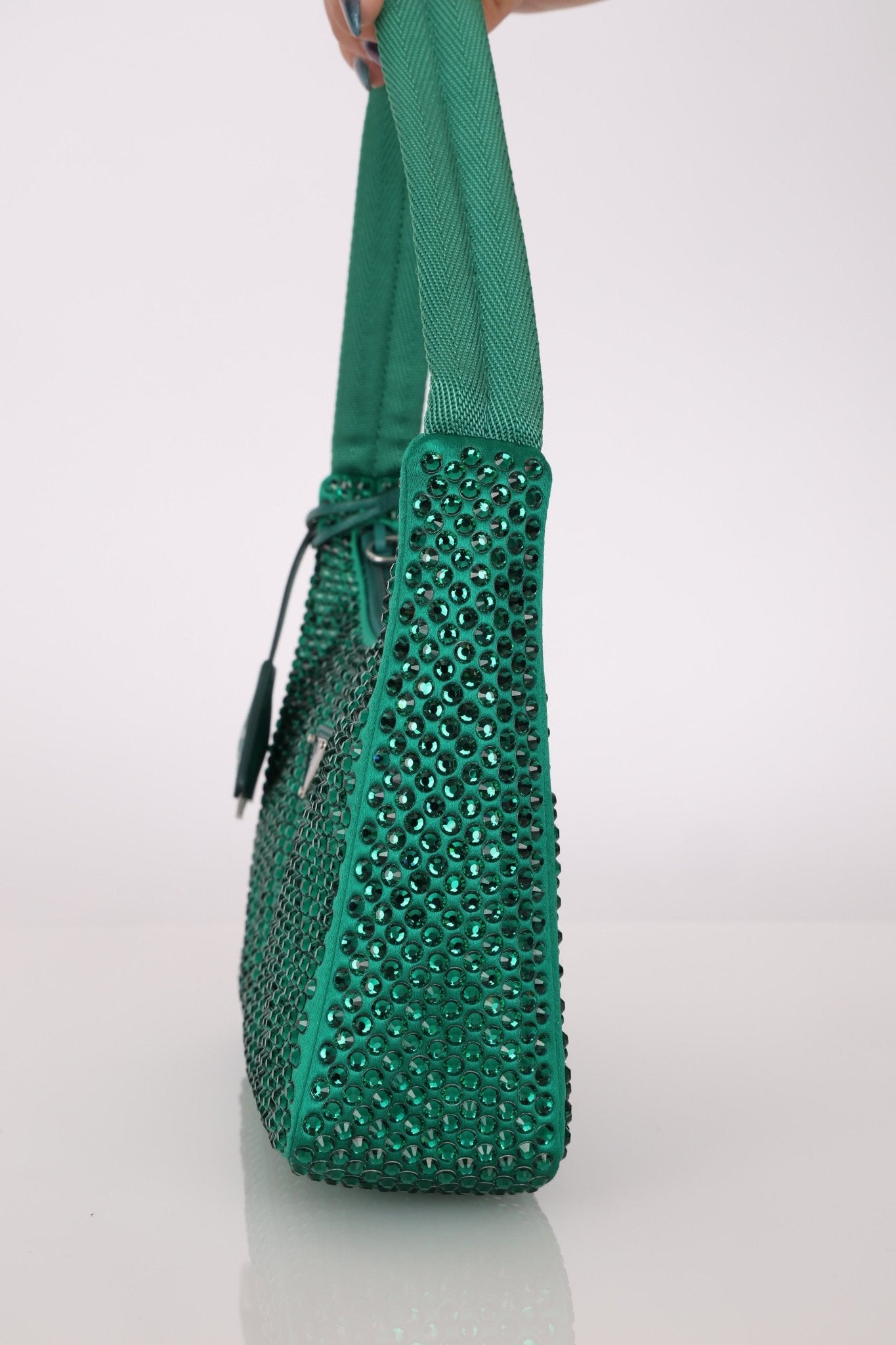 Prada Satin Crystal Mini Re - Edition 2000 Bag in Green Mango - FashioNica